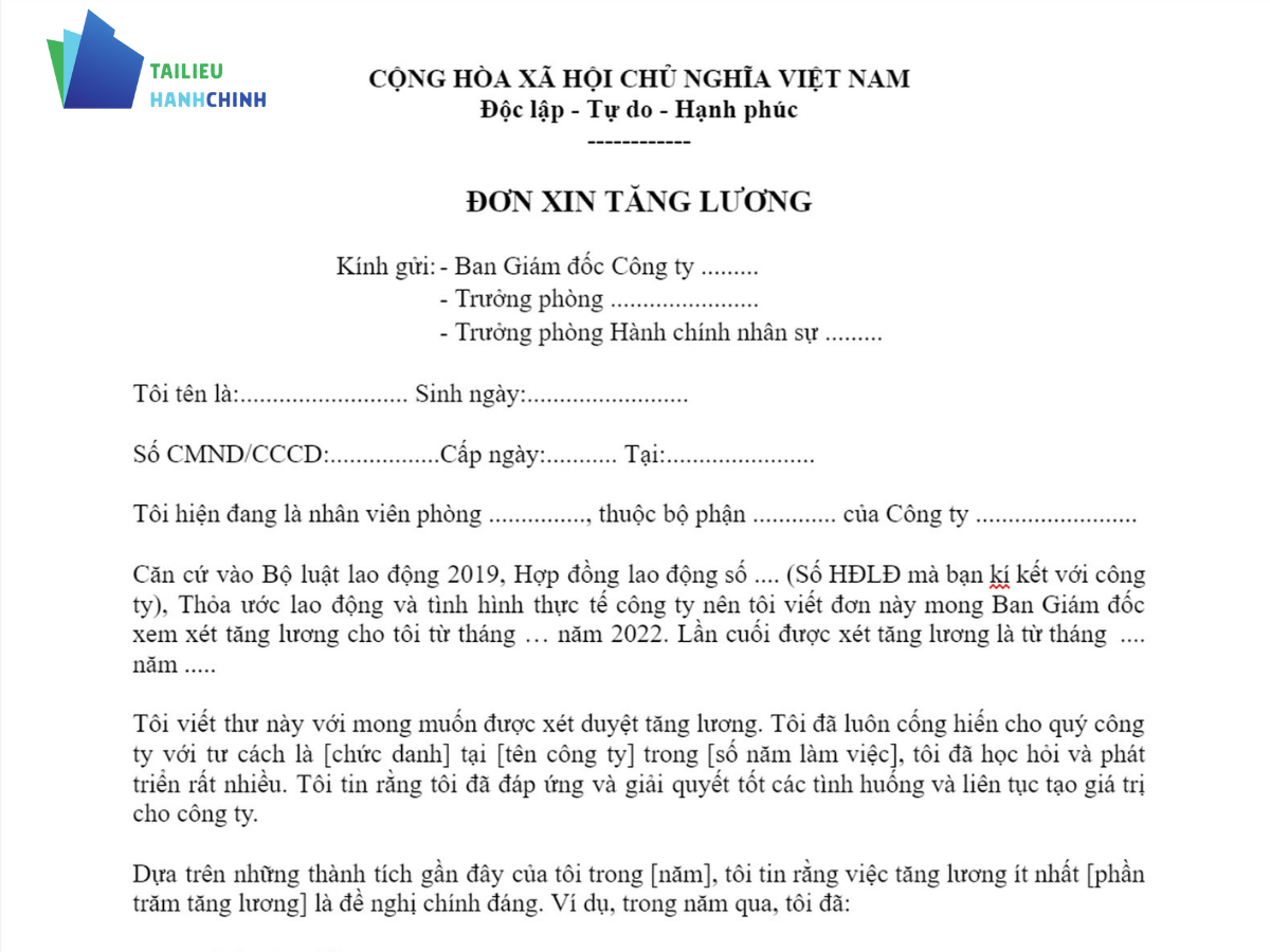 Tải về mẫu đơn xin đề xuất tăng lương file word mới nhất