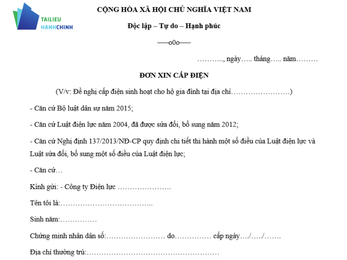 Tải mẫu đơn xin cấp điện sinh hoạt, sản xuất, kinh doanh mới nhất
