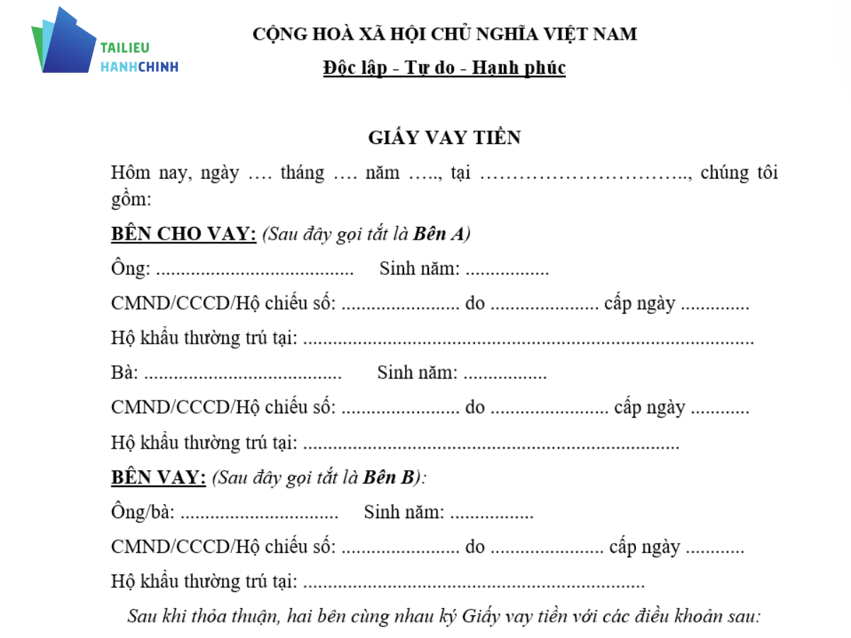 Tải về mẫu giấy vay mượn tiền cho cá nhân, có tài sản đảm bảo chuẩn