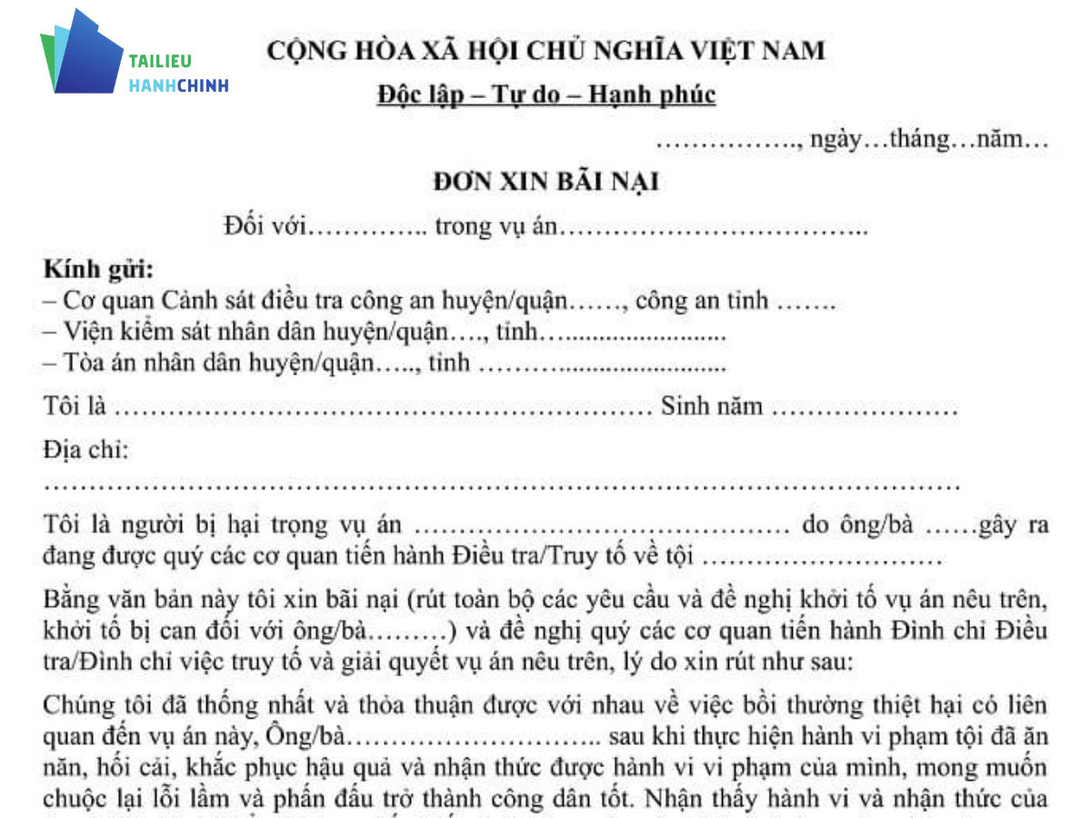 Tải mẫu đơn xin bãi nại vụ án hình sự, dân sự chuẩn pháp lý