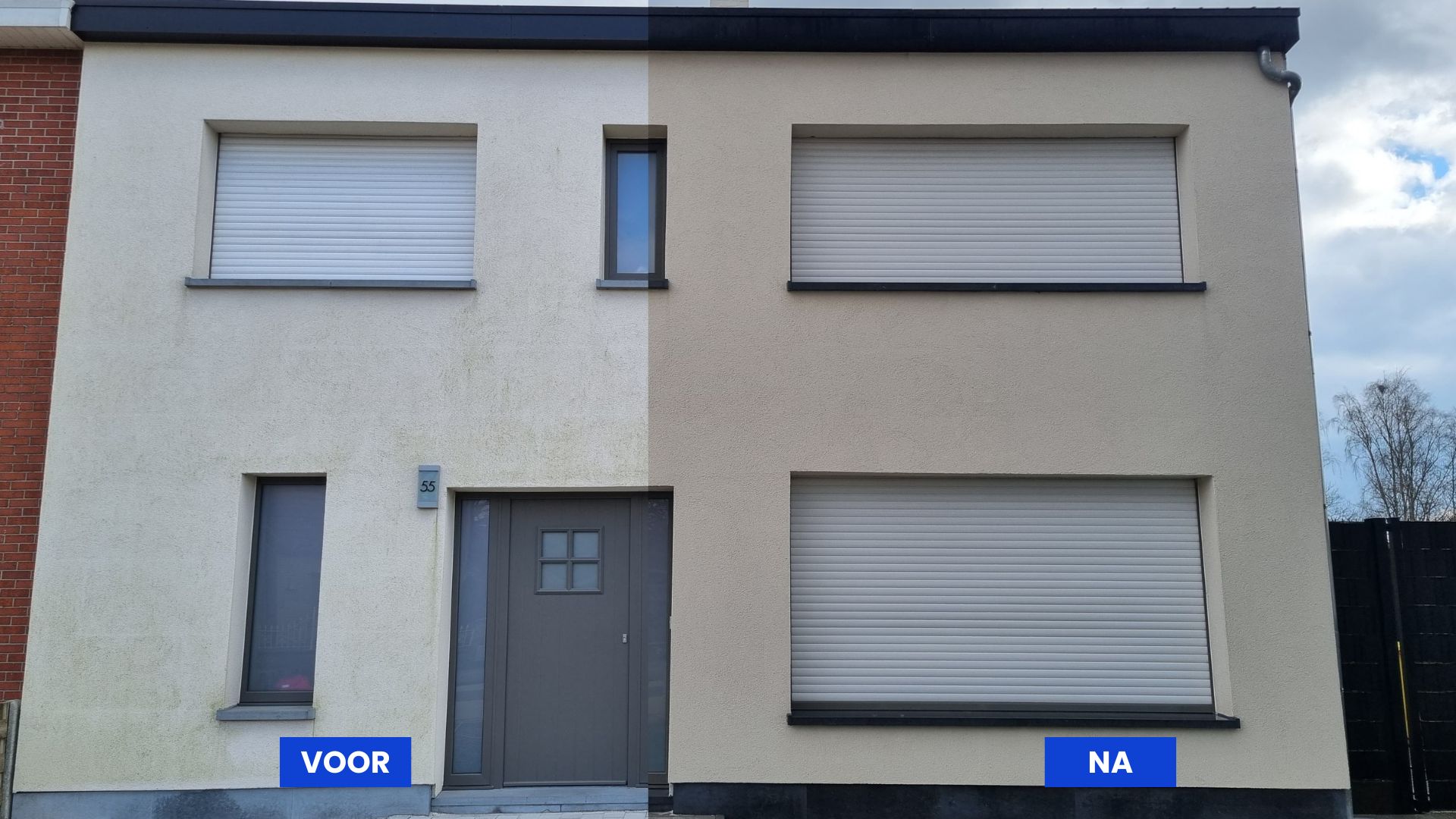 Crepi-gevel voor en na softwash-reiniging door IP-Cleaning, groene aanslag verdwenen zonder schade aan toplaag
