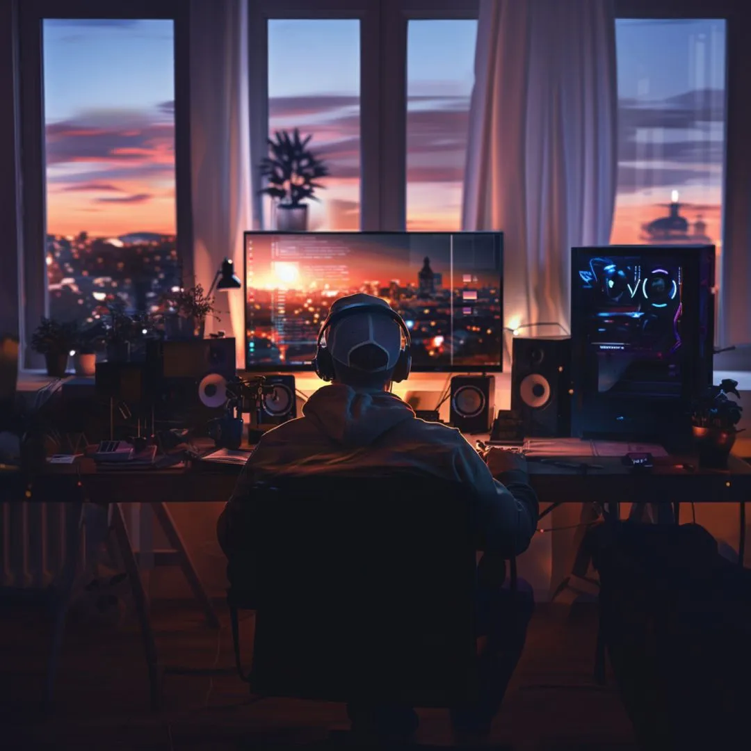Image of Oliver Hersom Gübnther sitting at the desk in front of the monitor, working on the next project