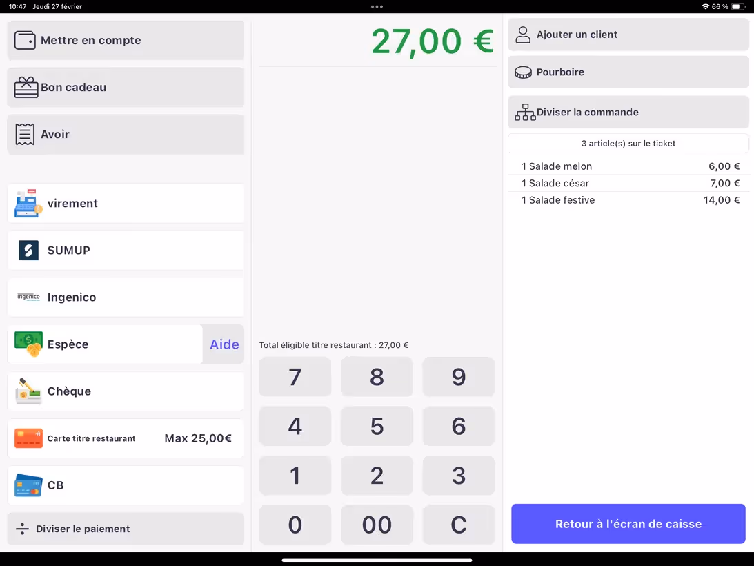 Interface de caisse affichant un total de 27 euros avec options de paiement telles que virement, espèces, chèque, carte restaurant et CB, et liste de 3 salades à régler.