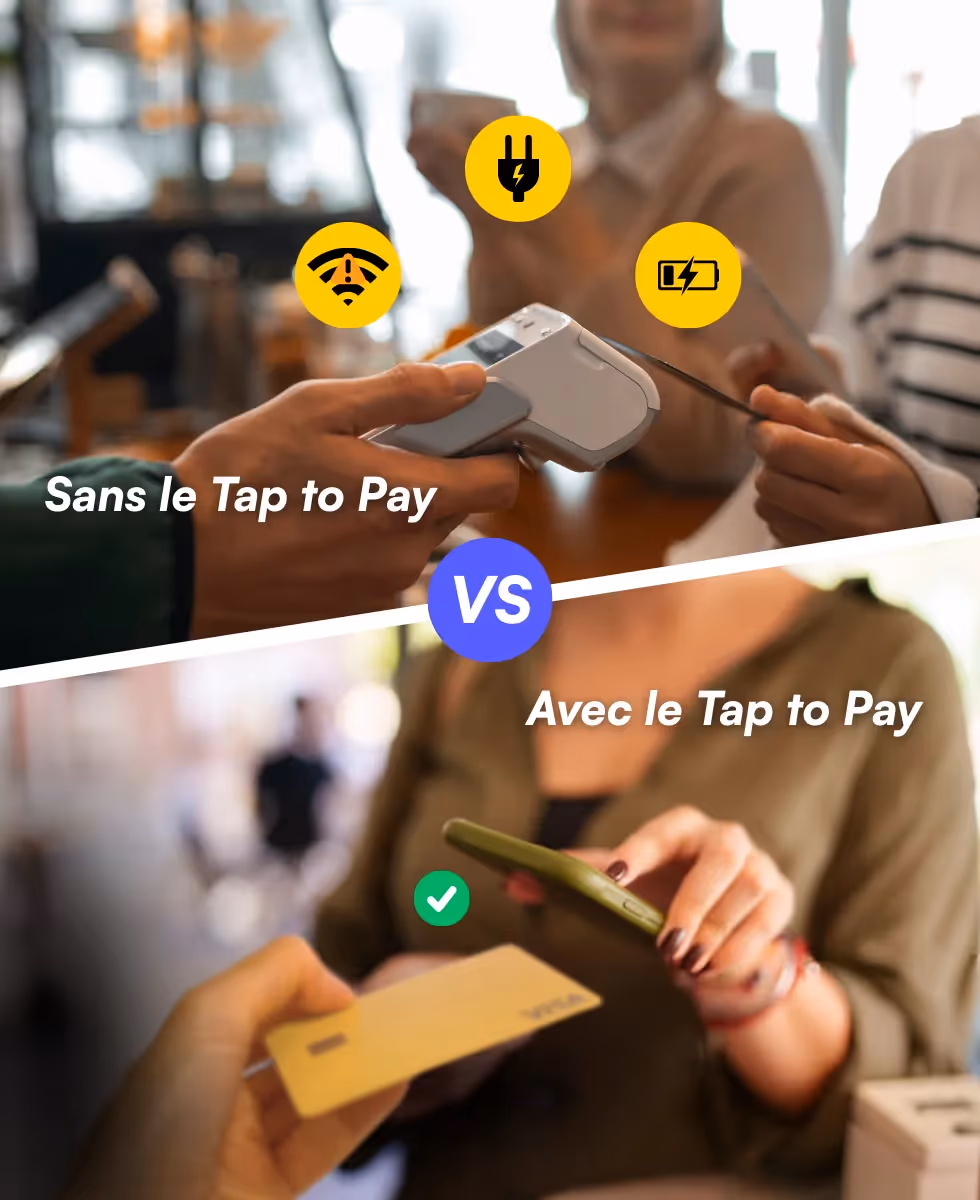 Comparaison entre paiement avec et sans Tap to Pay, montrant sans Tap to Pay des icônes d'alerte pour batterie faible, connexion wifi et alimentation, contre une validation avec Tap to Pay sur téléphone.