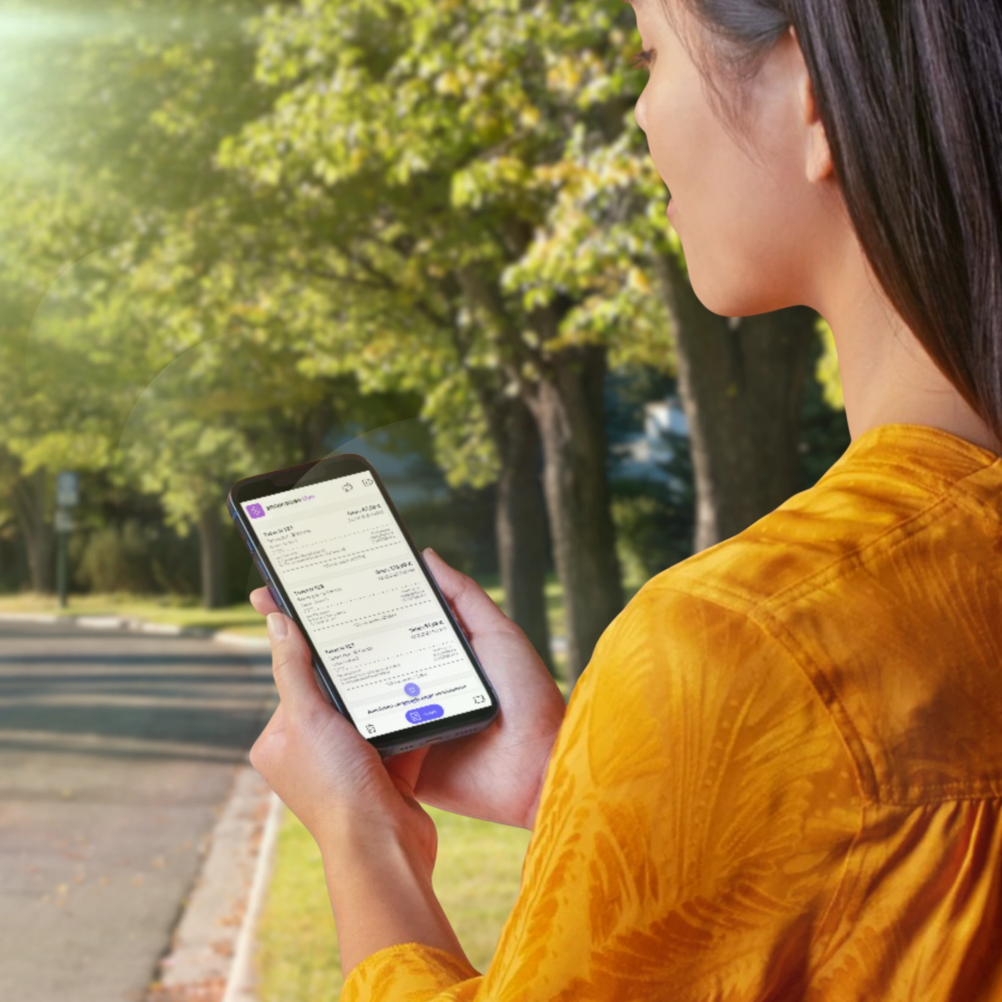 Une femme regardant un smartphone affichant une application de suivi d'activité financière en temps réel, en extérieur avec des arbres en arrière-plan.