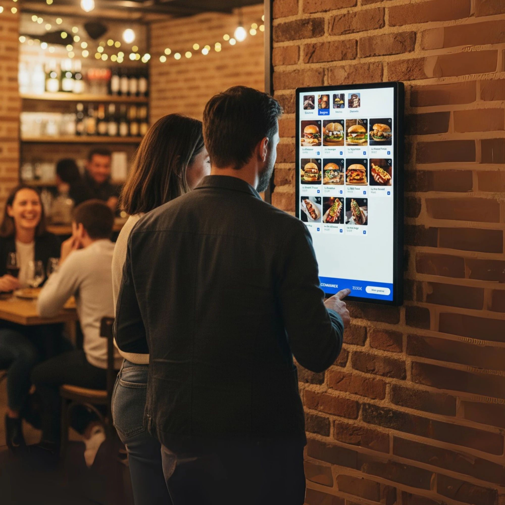 Un couple utilise une borne de commande tactile murale dans un restaurant au décor chaleureux avec murs en briques.
