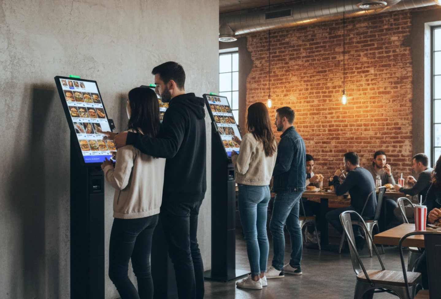 Des personnes utilisent des bornes de commande tactile dans un restaurant moderne avec un mur en briques et des clients mangeant aux tables.