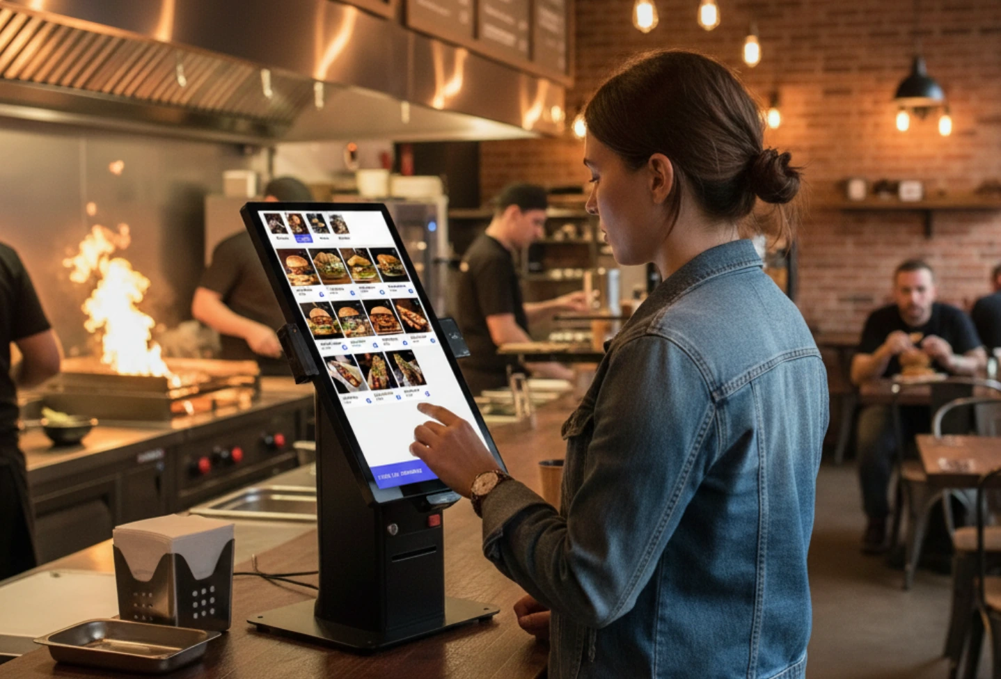 Une femme utilise une borne de commande tactile dans un restaurant de type fast-food avec cuisine en arrière-plan et clients assis.