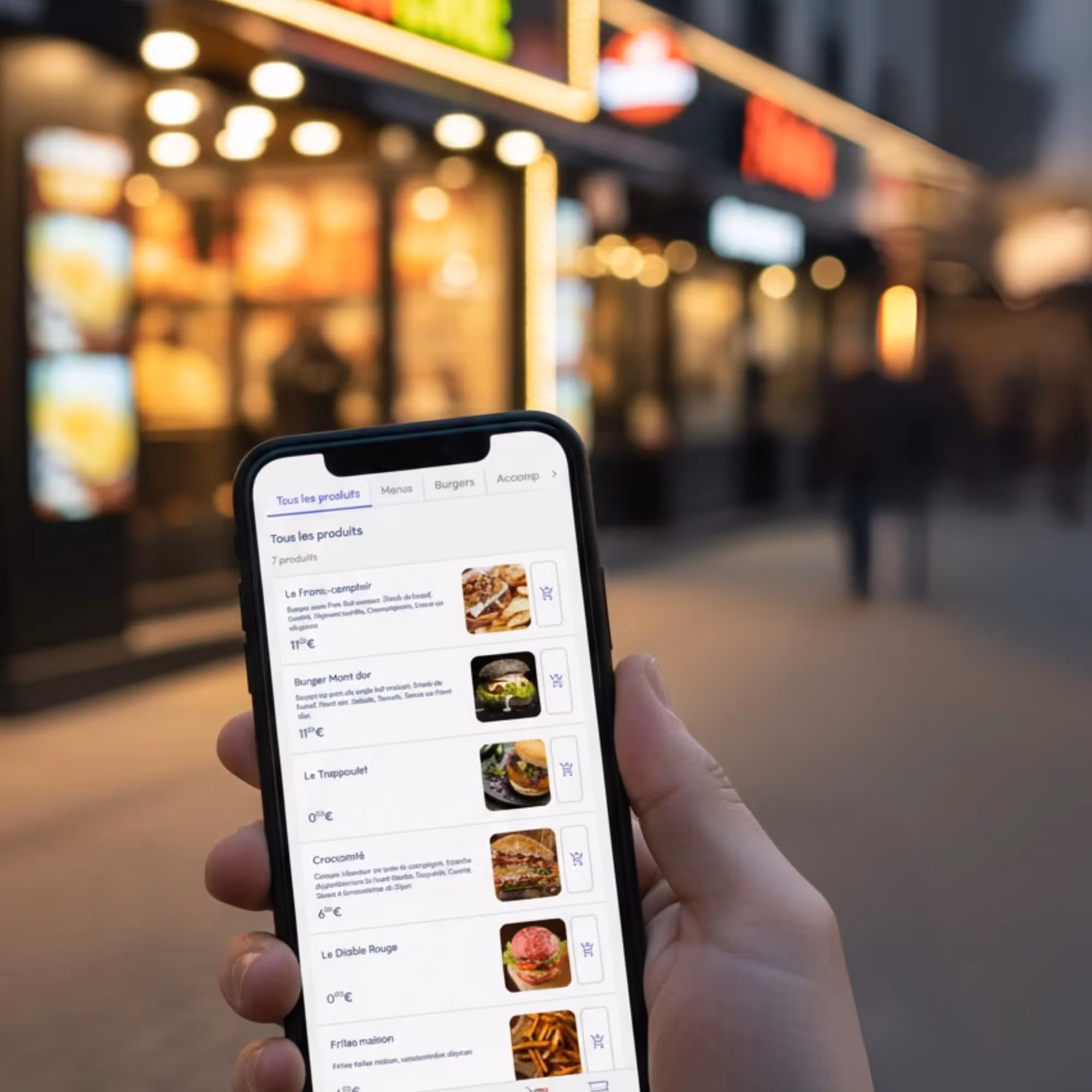 Personne tenant un smartphone affichant un menu de commande de burgers avec images et prix, devant une façade de restaurant floue.