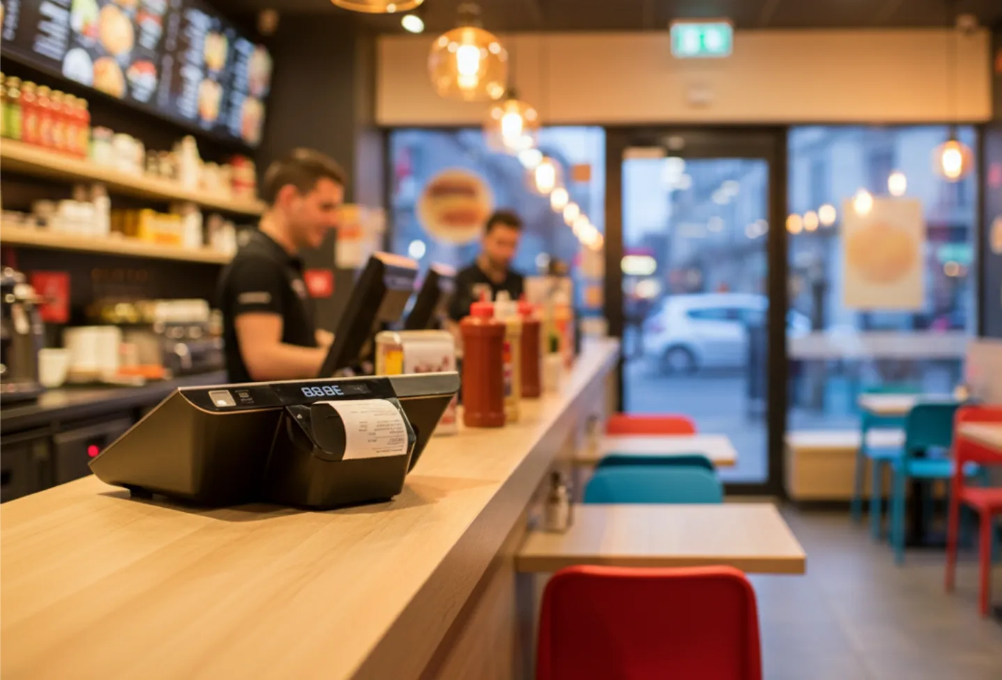 Caisse enregistreuse avec ticket imprimé au comptoir d'un petit restaurant avec employés et condiments en bouteille.