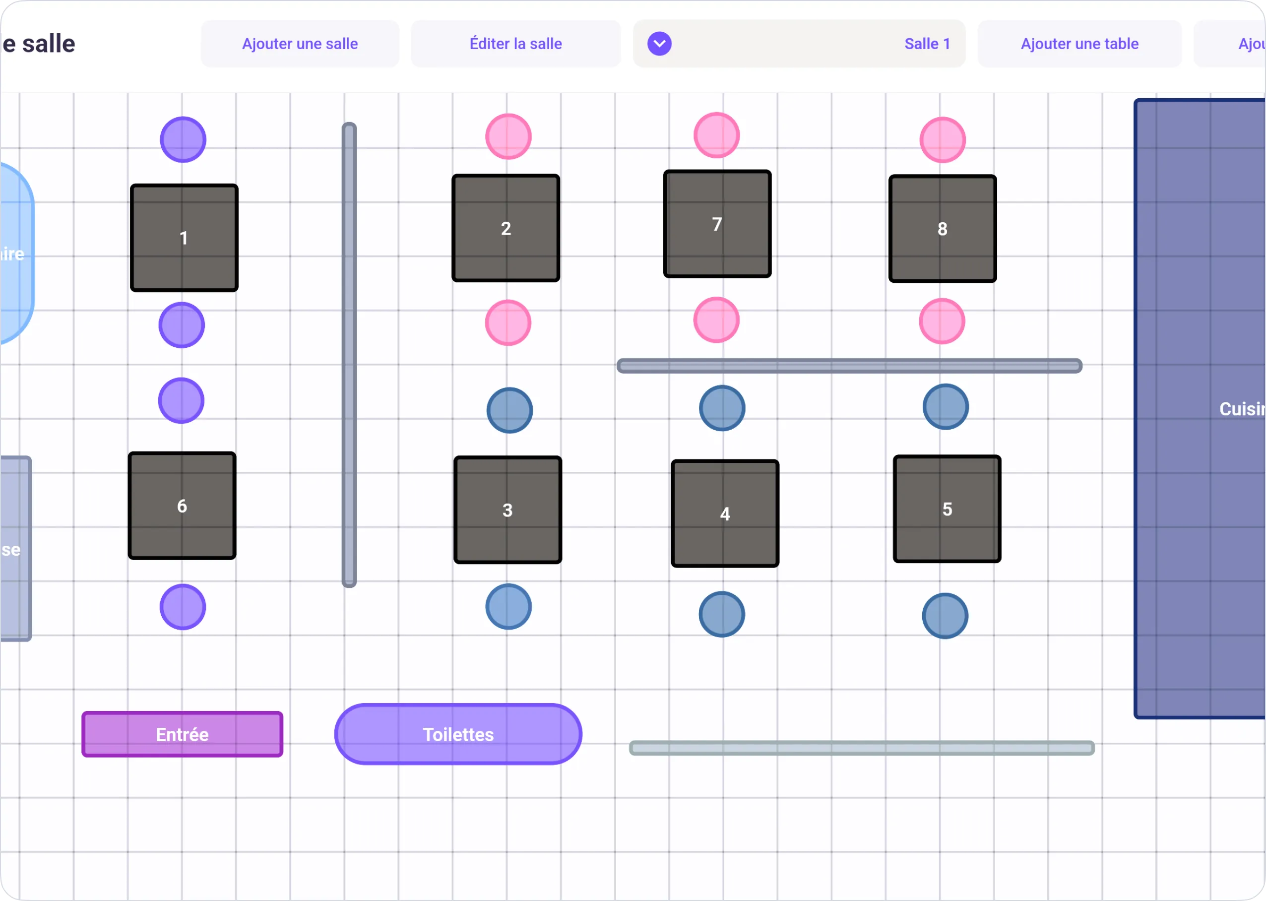 Plan de salle avec huit tables numérotées et des sièges de différentes couleurs, indiquant une entrée, des toilettes et une cuisine.