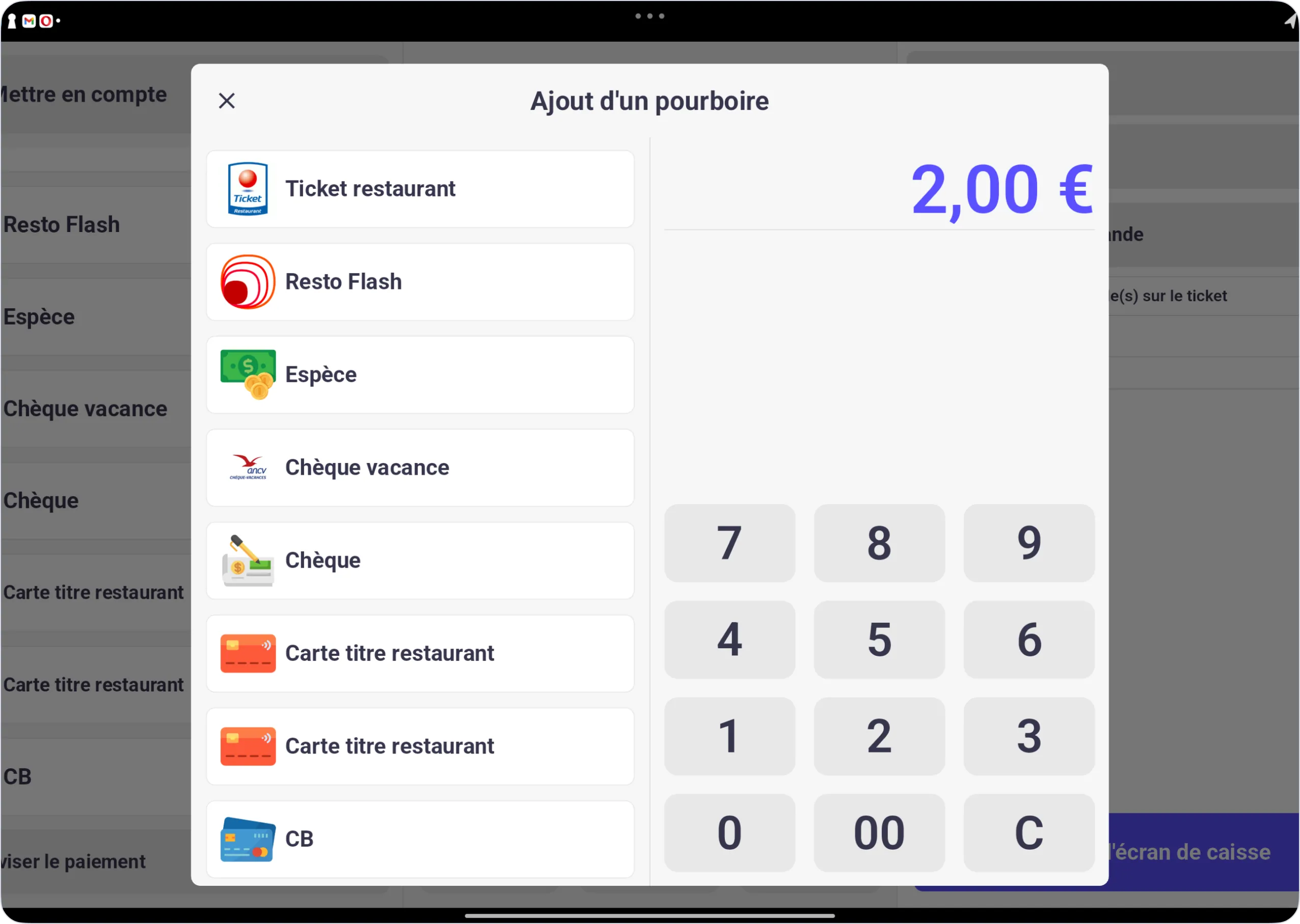 Interface de saisie pour l'ajout d'un pourboire de 2 euros avec options de paiement incluant ticket restaurant, Resto Flash, espèces, chèque vacance, chèque, carte titre restaurant et CB.