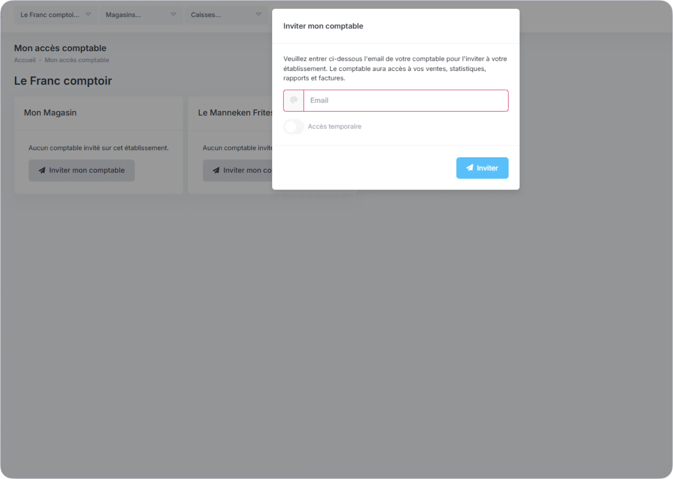 Fenêtre pop-up pour inviter un comptable en entrant son email avec option d'accès temporaire sur une interface de gestion comptable.
