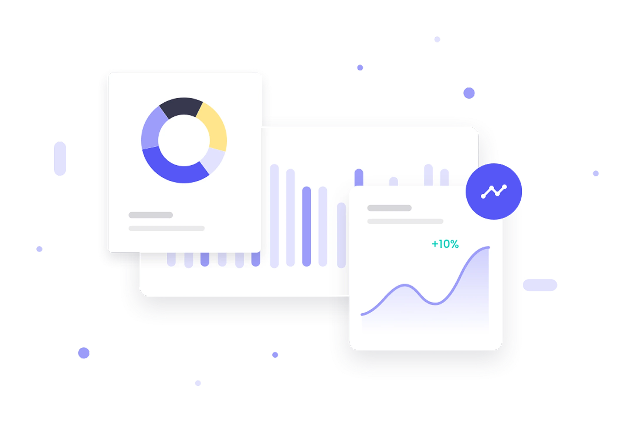 Illustration de deux graphiques de statistiques : un graphique circulaire coloré et un graphique en courbe montrant une augmentation de +10%.