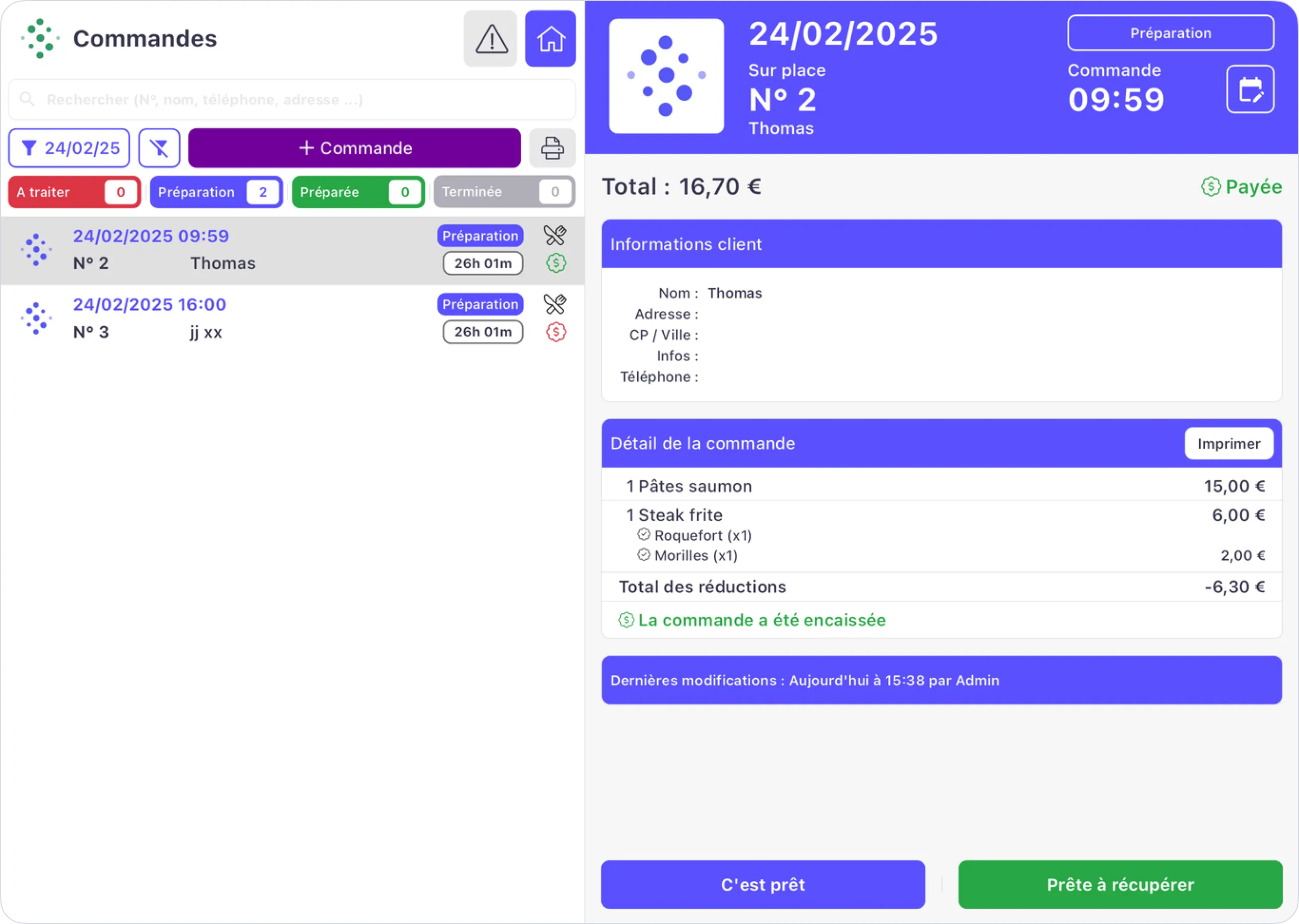 Interface de gestion des commandes montrant une commande numéro 2 de Thomas pour le 24/02/2025, total 16,70 €, comprenant pâtes saumon et steak frites avec réduction appliquée, statut payée.