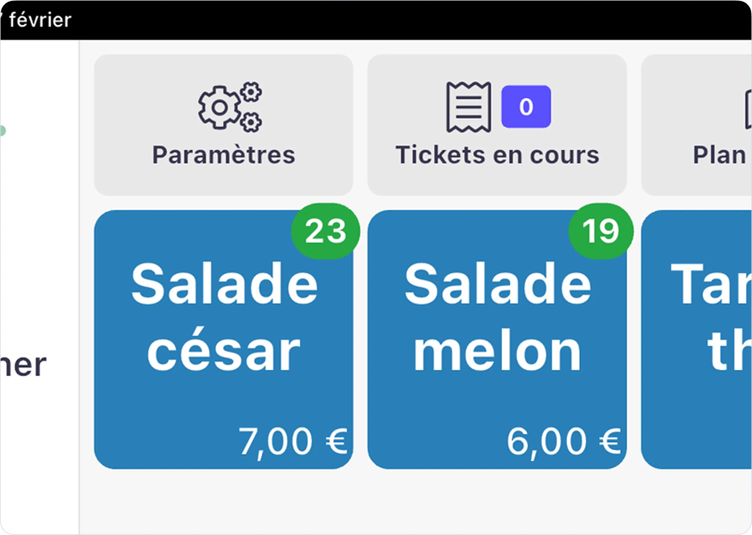 Menu avec options de salades César à 7,00 € avec 23 commandes et salade melon à 6,00 € avec 19 commandes.