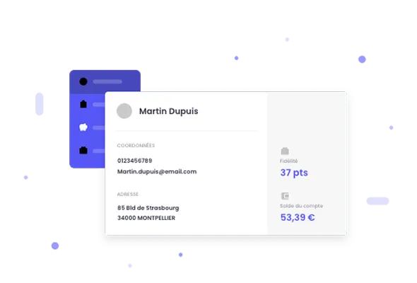 Carte de profil utilisateur montrant les coordonnées, l'adresse à Montpellier, et le solde fidélité de 37 points et un compte de 53,39 €.