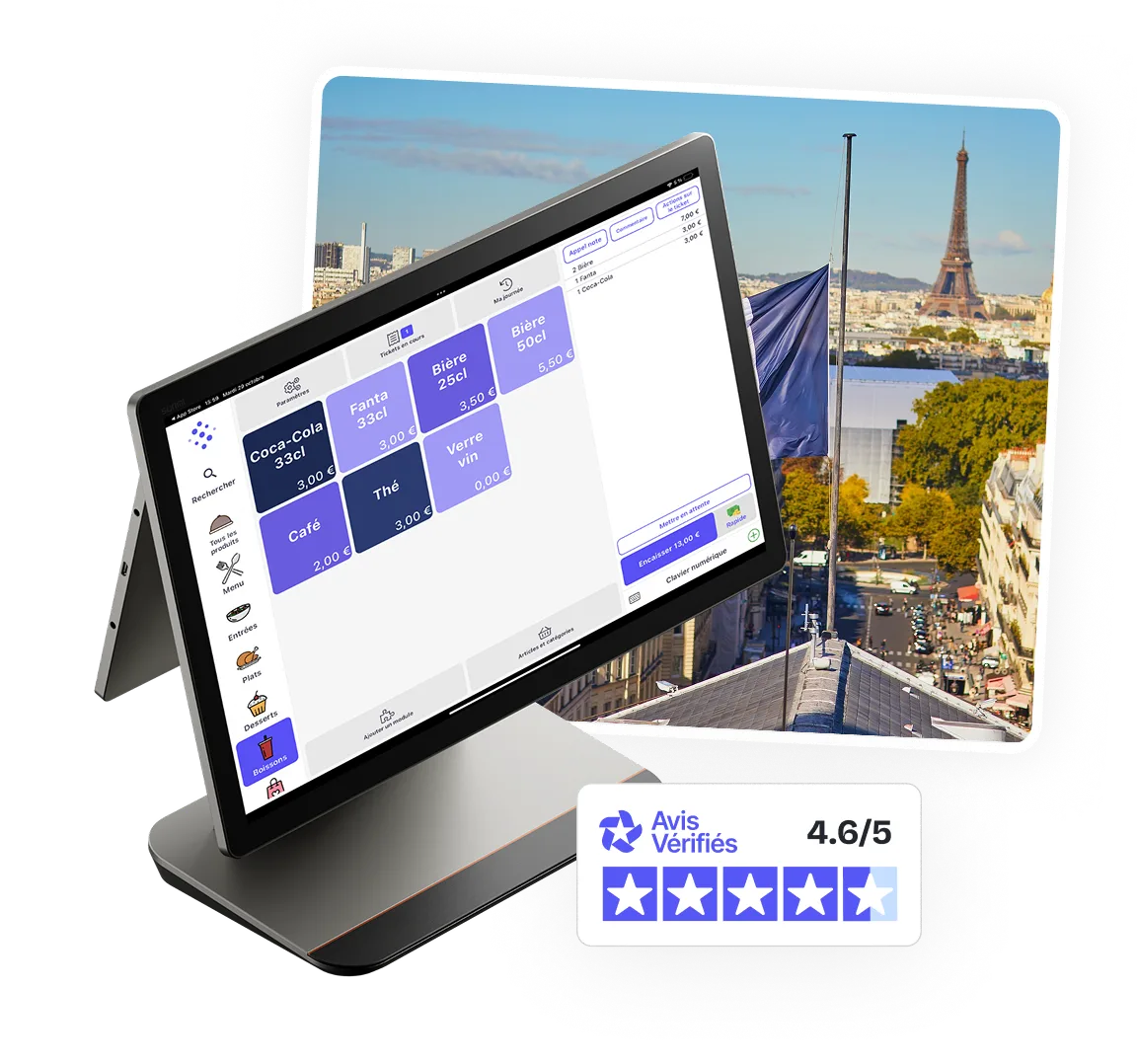 Écran tactile POS affichant un menu de boissons avec prix en euros, devant une photo de la Tour Eiffel et un badge d'avis vérifiés 4,6 sur 5 étoiles.