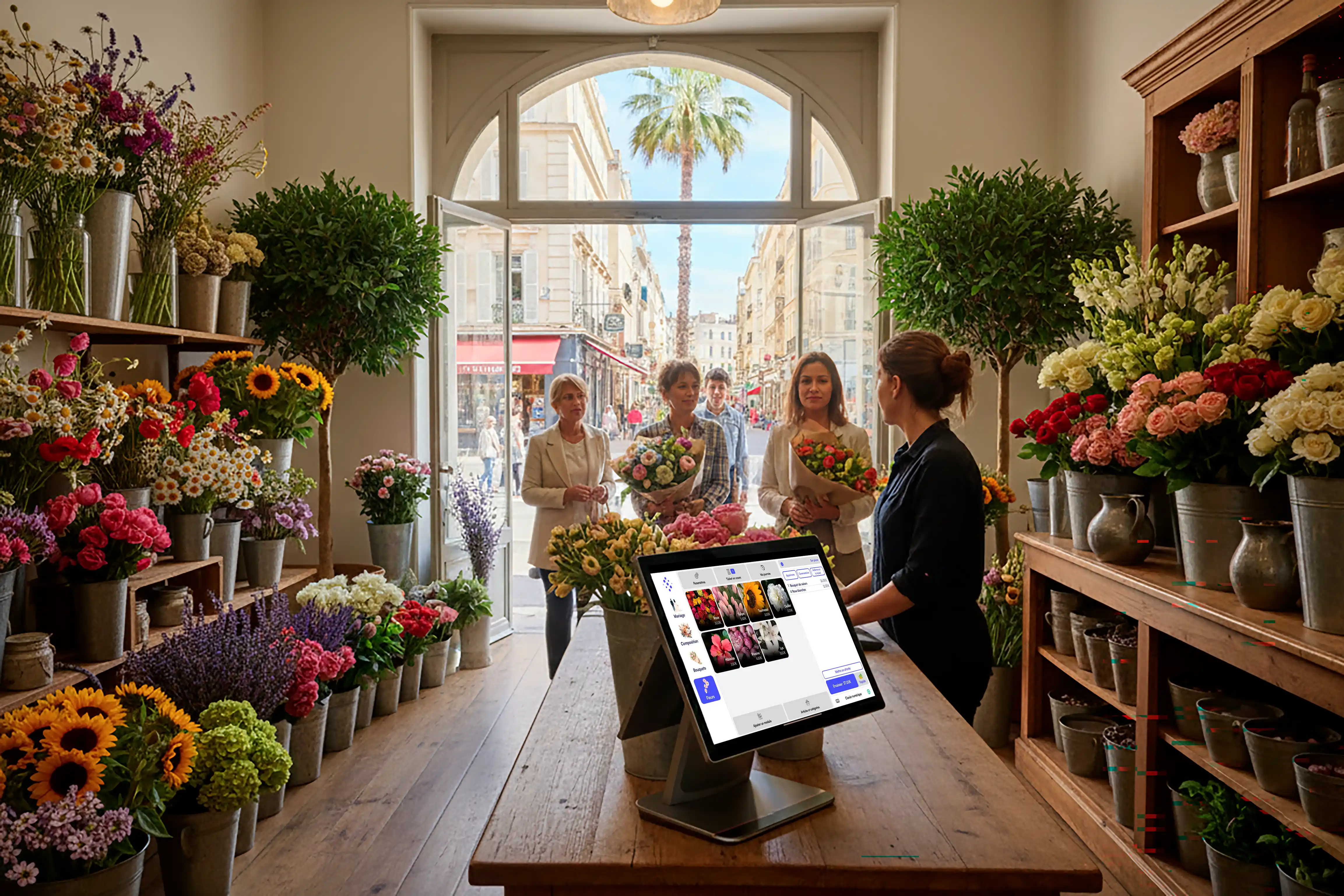 Intérieur d'une boutique de fleurs avec une caisse enregistreuse et une vendeuse qui sert trois clientes tenant des bouquets près de la porte vitrée.
