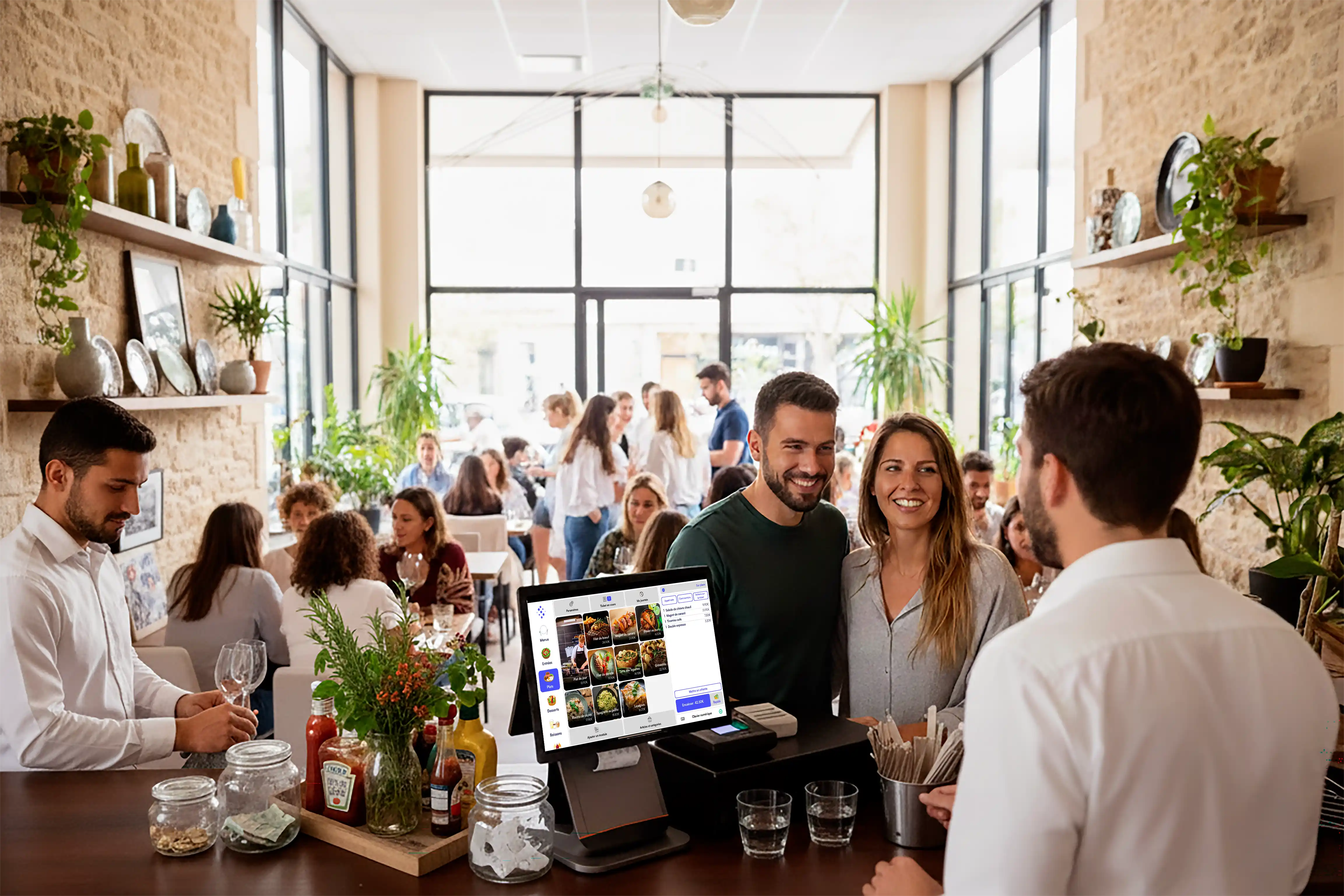 Couple souriant en train de commander à un caissier dans un restaurant animé avec une caisse enregistreuse tactile moderne.