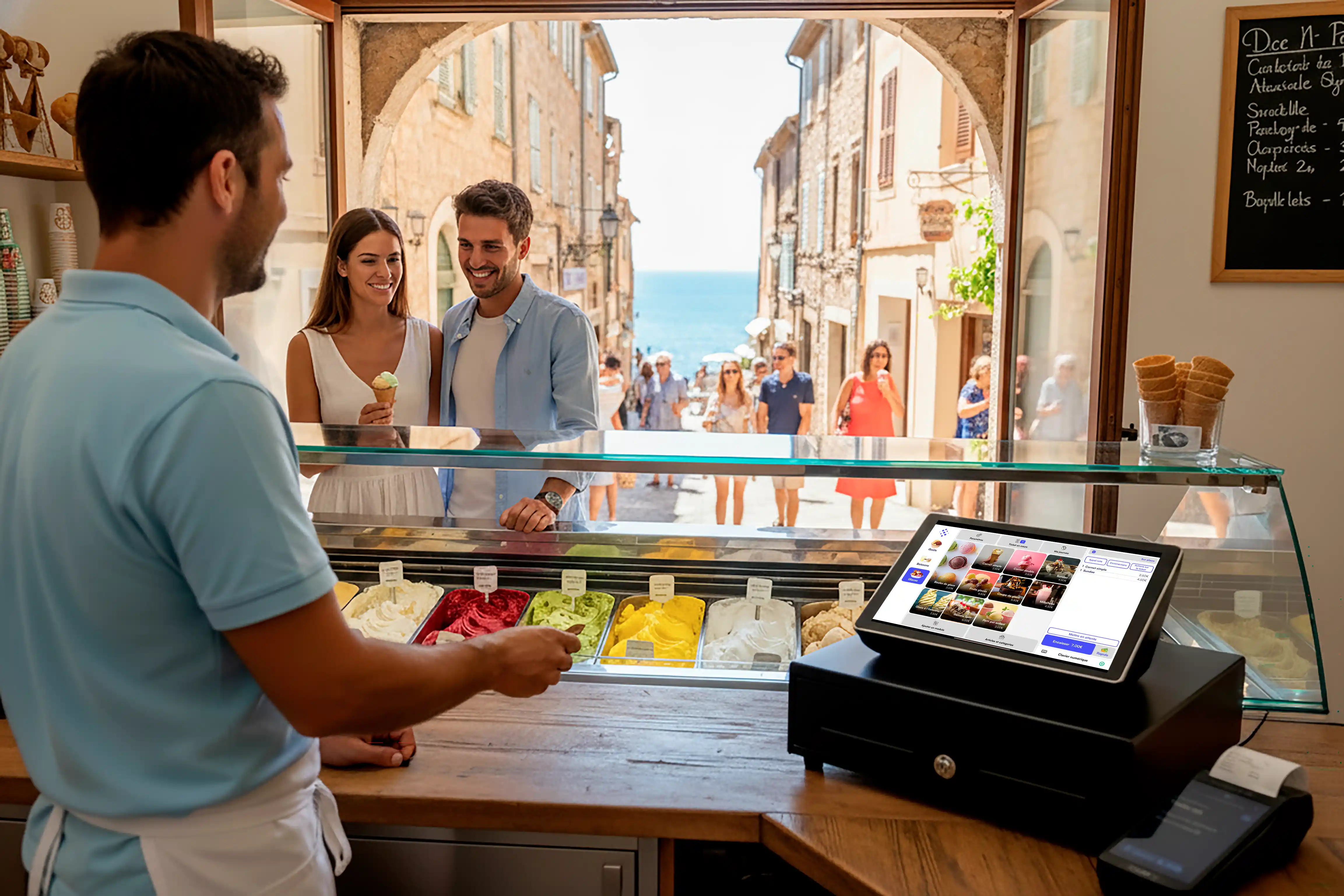 Vendeur dans une boutique de glaces servant un couple souriant tenant un cornet de glace, avec une caisse enregistreuse moderne sur le comptoir.