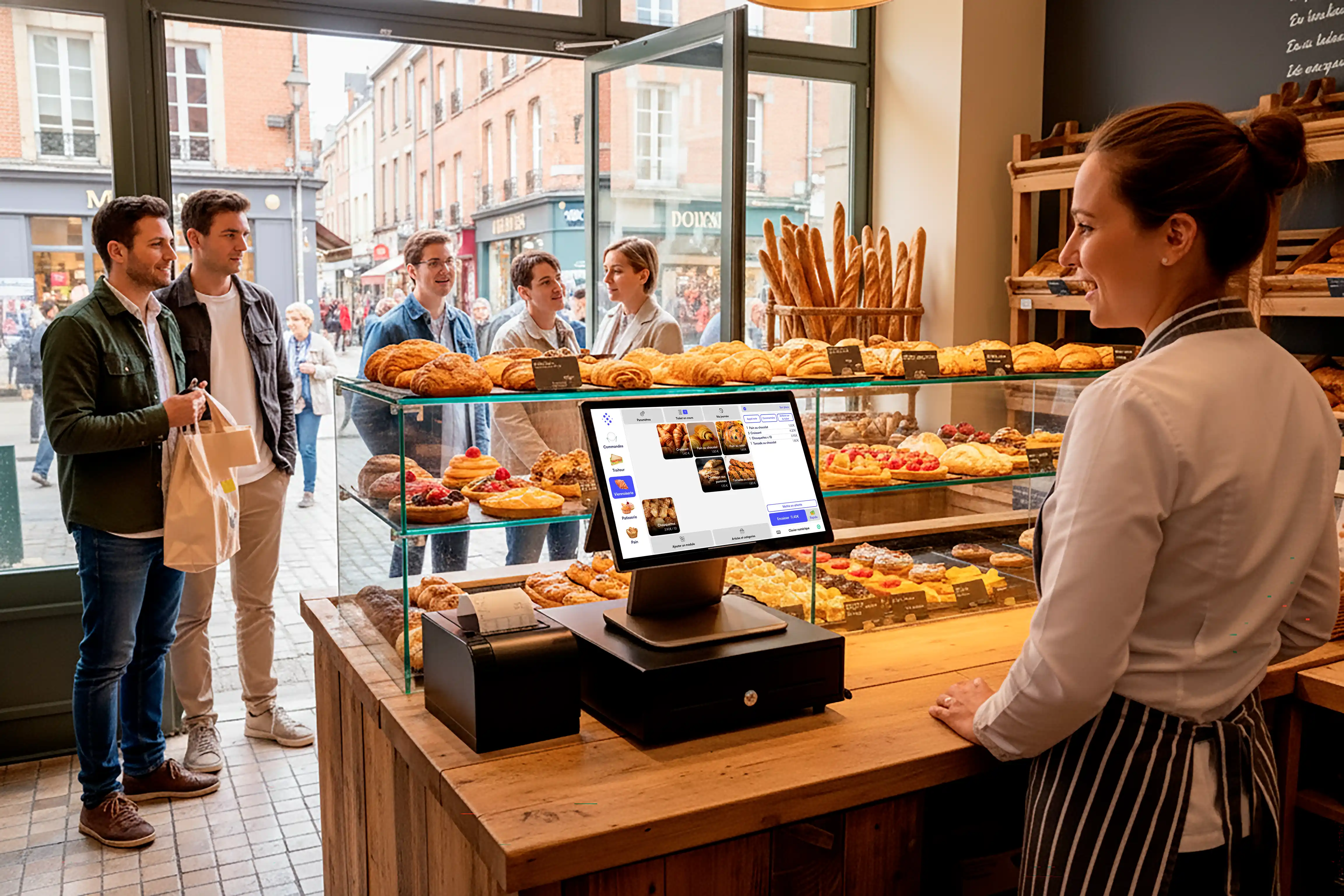 Une boulangère souriante derrière un comptoir en bois avec une caisse enregistreuse tactile, et plusieurs clients attendant devant une vitrine remplie de pâtisseries et baguettes.