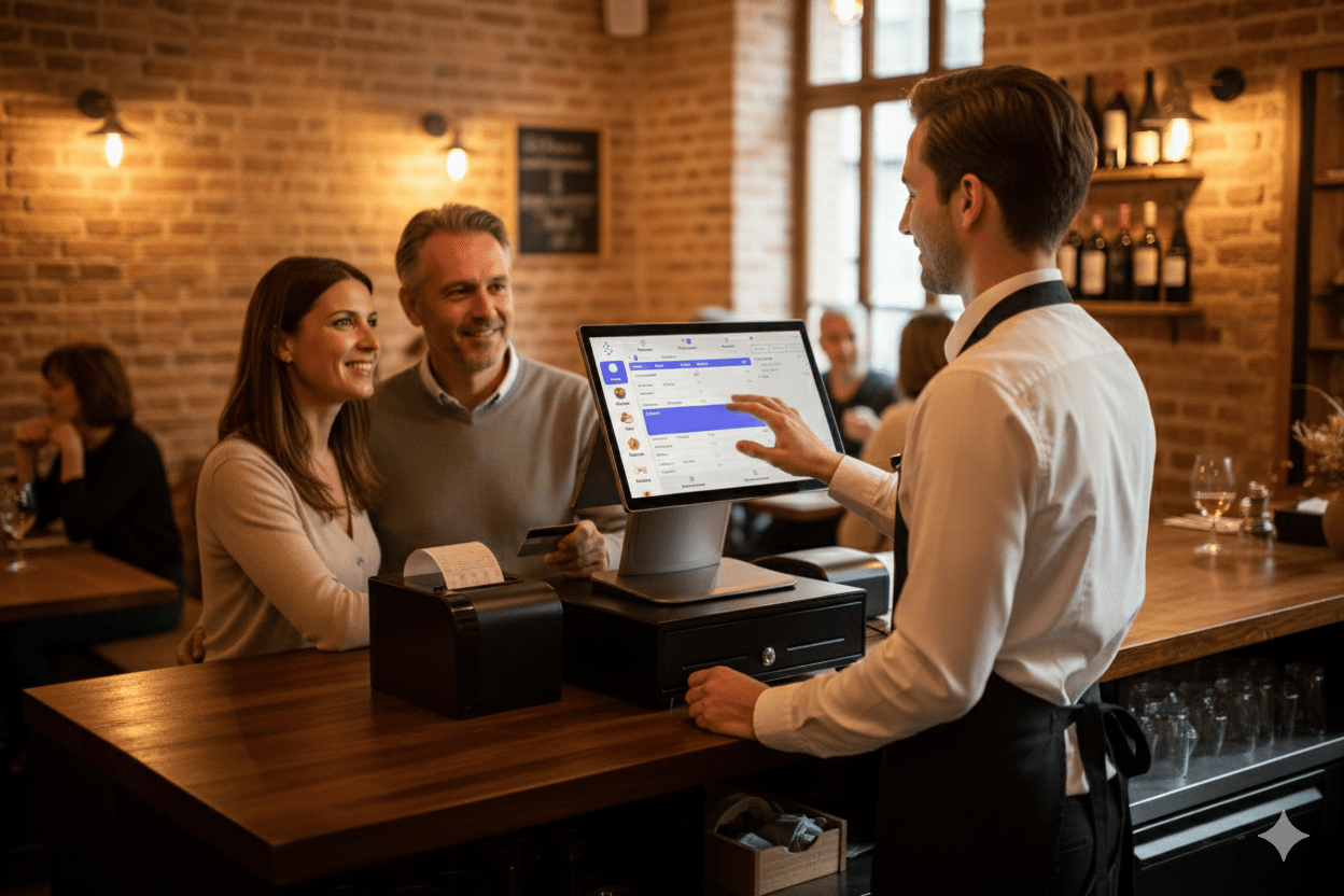 Un couple souriant payant avec une carte bancaire au comptoir d'un restaurant, un serveur en tablier utilise un système de caisse tactile.