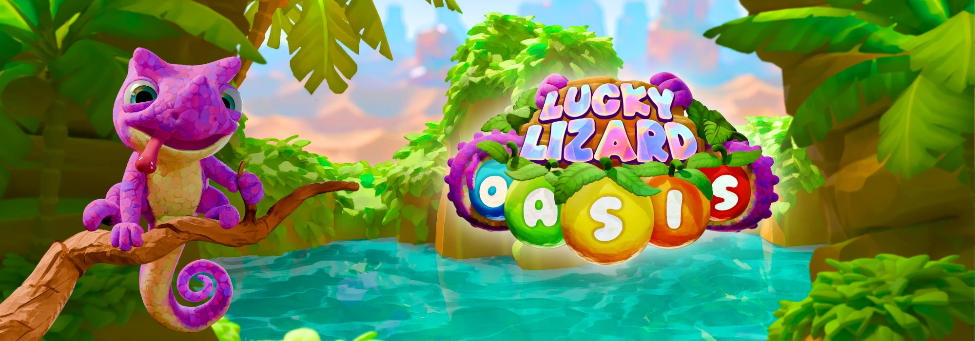 Lucky Lizard Oasis slot game hero artwork – cartoon lizard character logo in a lush oasis with game logo