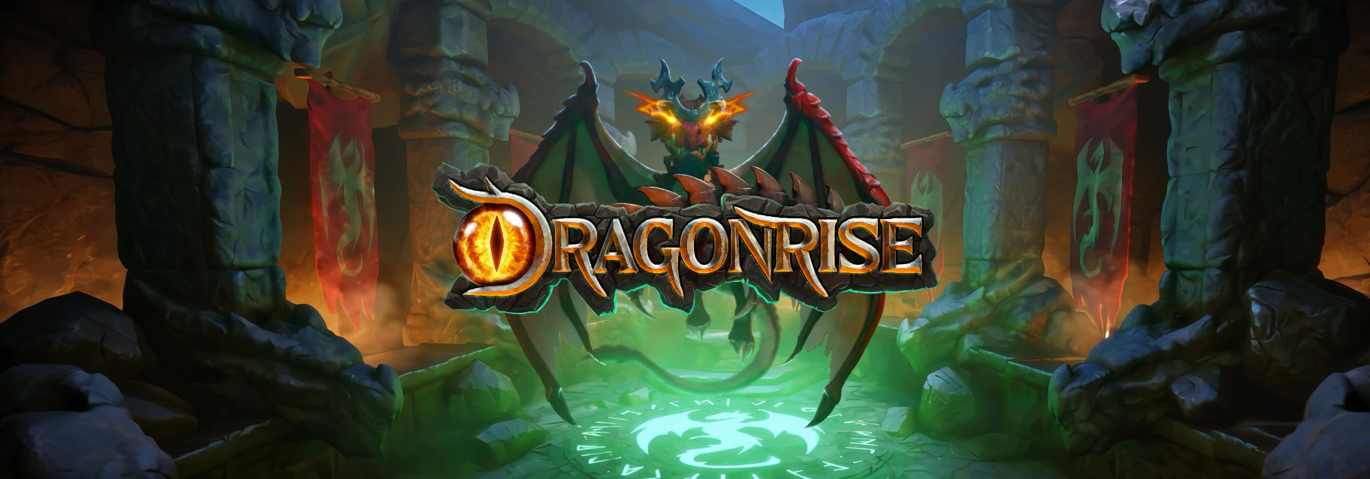 Dragonrise slot game hero artwork – fantasy dragon rising over fiery mountain landscape