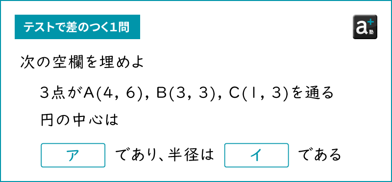 問題。次の空欄[ア]、[イ]を埋めよ。3点がA(4, 6), B(3, 3), C(1, 3)を通る円の中心は[ア]であり、半径は[イ]である。
