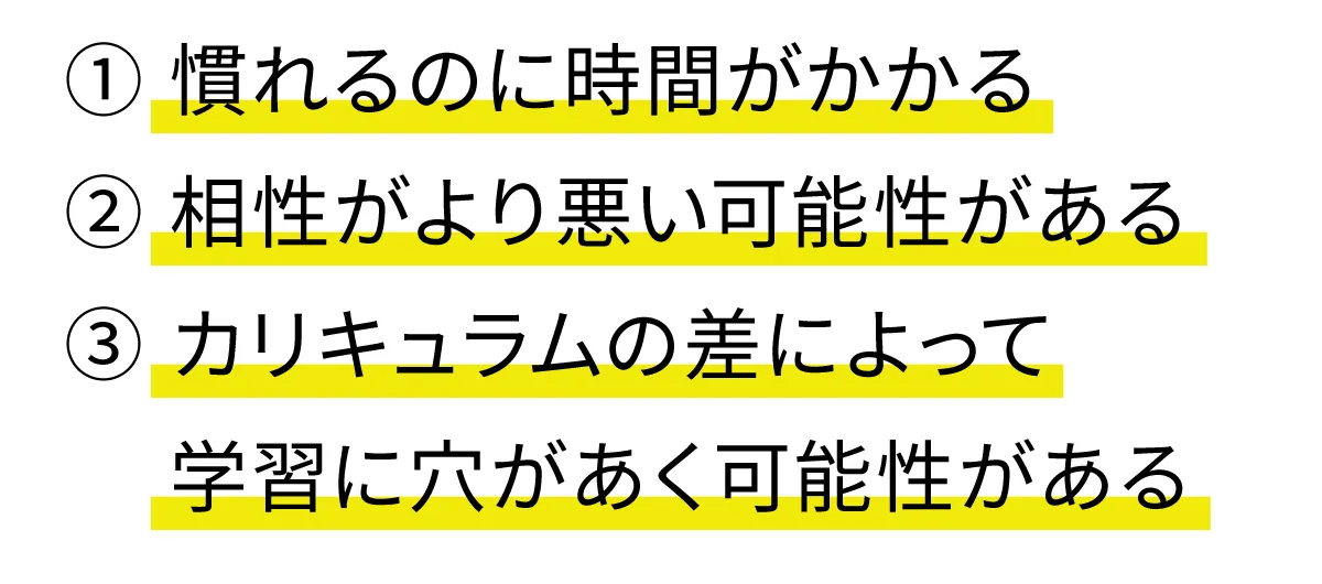 ３つのデメリット表記。①慣れるのに時間がかかる、②相性がより悪い可能性がある、③カリキュラムの差によって学習に穴があく可能性がある