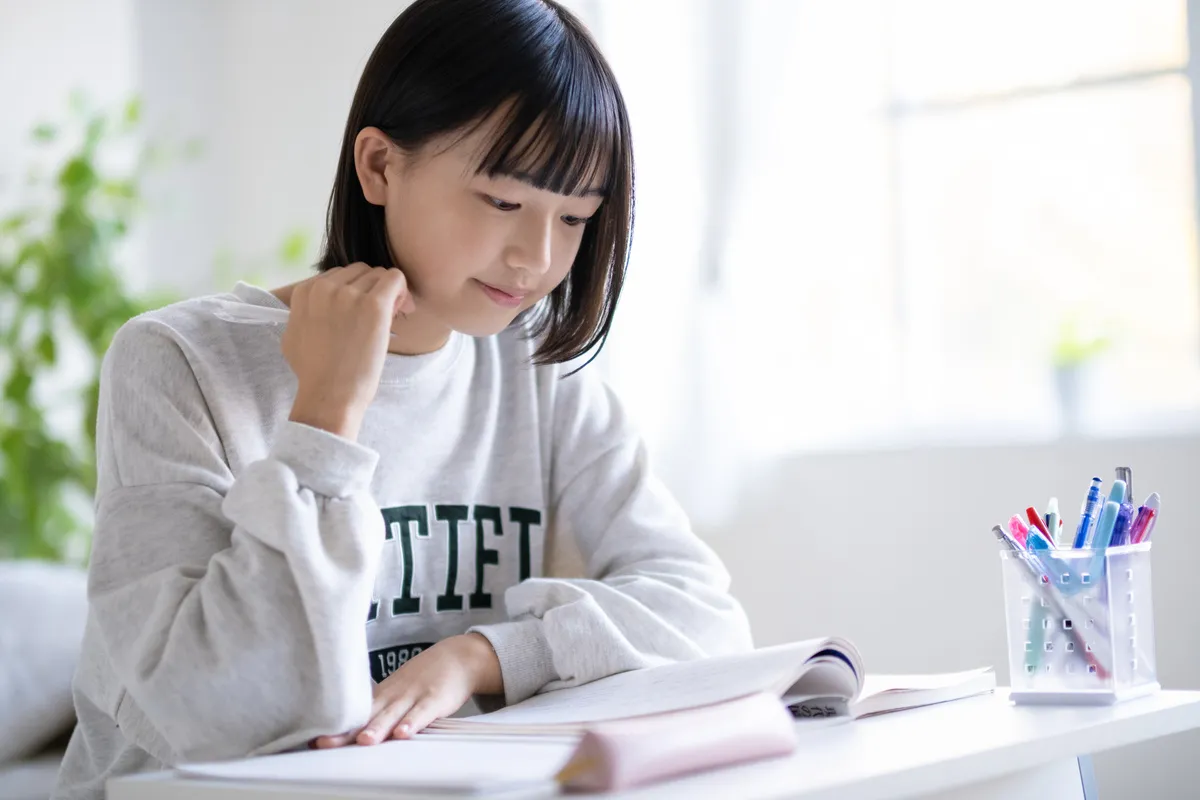 明るい部屋で勉強する学生の写真