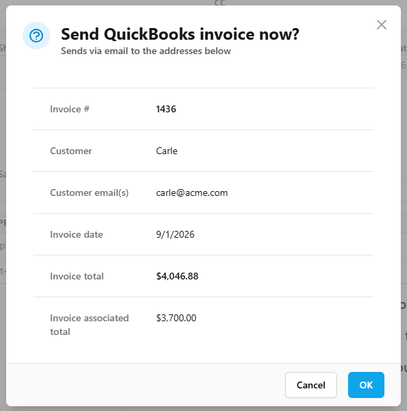 TrueRev confirmation asking to send a QuickBooks invoice now, listing the invoice number, customer, email, invoice date and totals