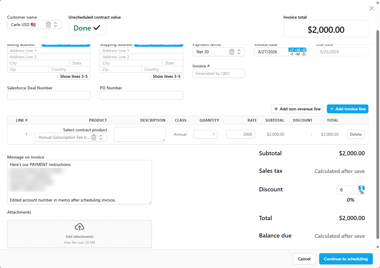 TrueRev invoice with an annual subscription fee line item, payment terms, invoice date and a $2,000 invoice total, with a button to continue to scheduling