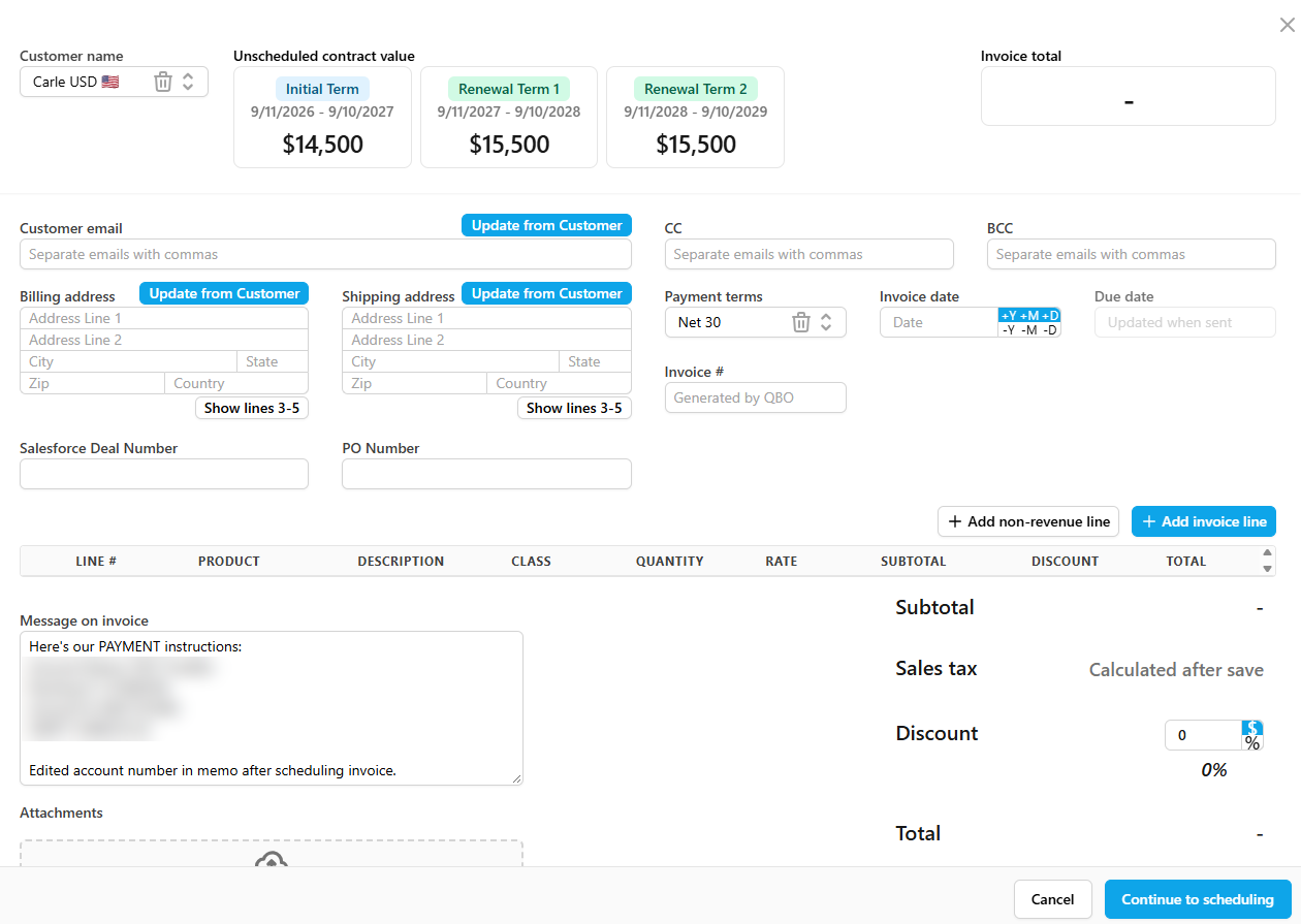 TrueRev invoice creation screen showing a customer's initial and renewal contract terms with their unscheduled contract values, ready to turn into scheduled invoices