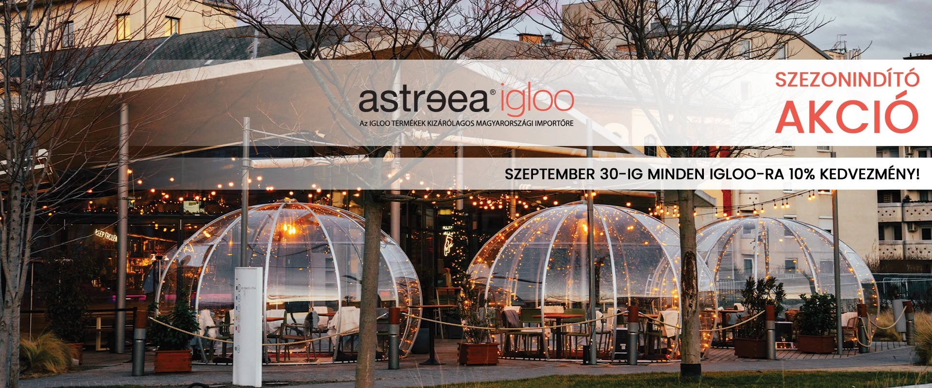 Iglook az őszi fényben a budai Zsiráf teraszán, rajta felirat, 10% akció szeptember 30-ig.