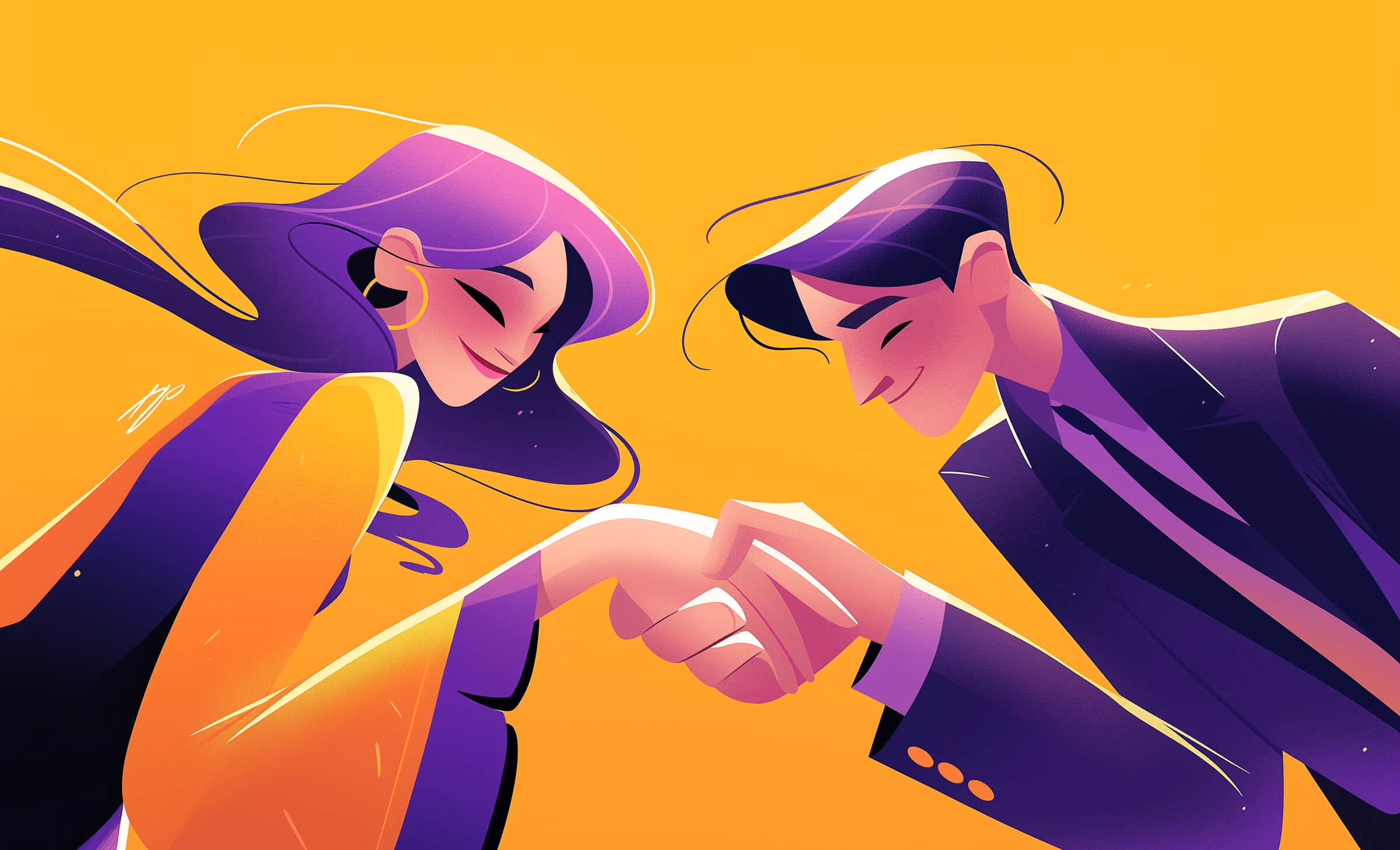 Illustration of a man and woman smiling and holding hands against a bright orange background.