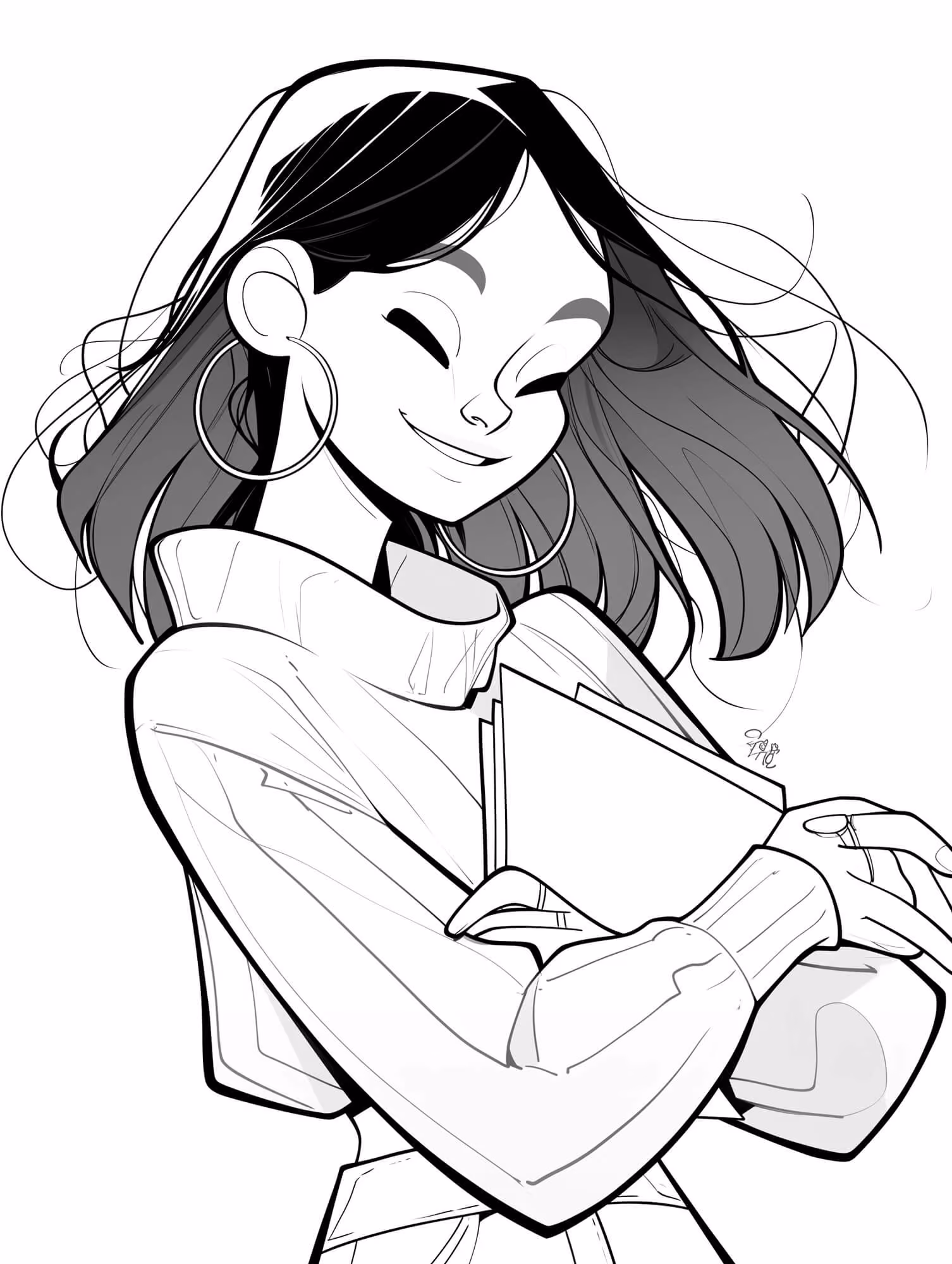 Black and white illustration of a smiling woman with hoop earrings holding folders.