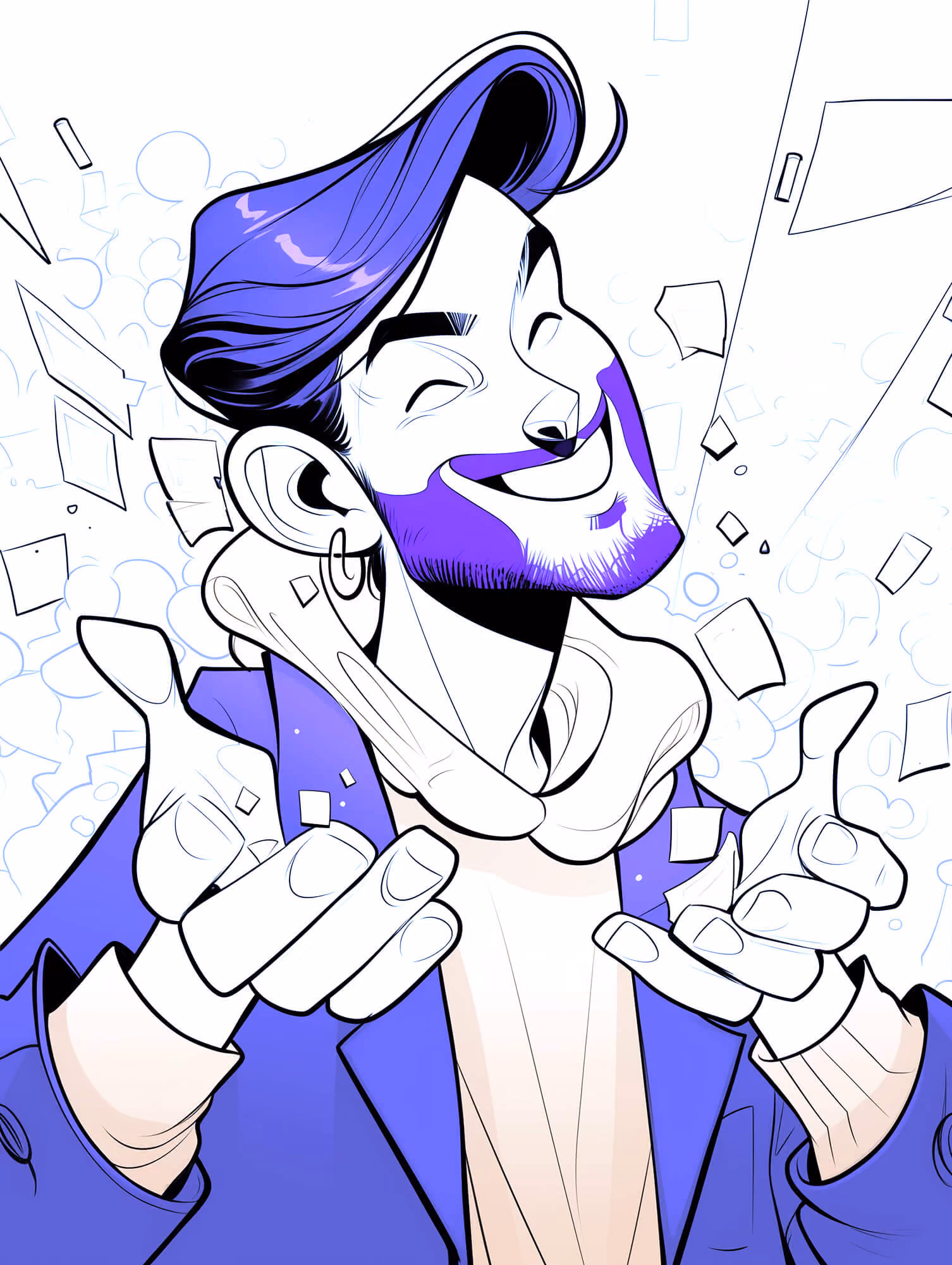 Stylized smiling man with purple hair and beard pointing forward wearing a hoodie and coat.