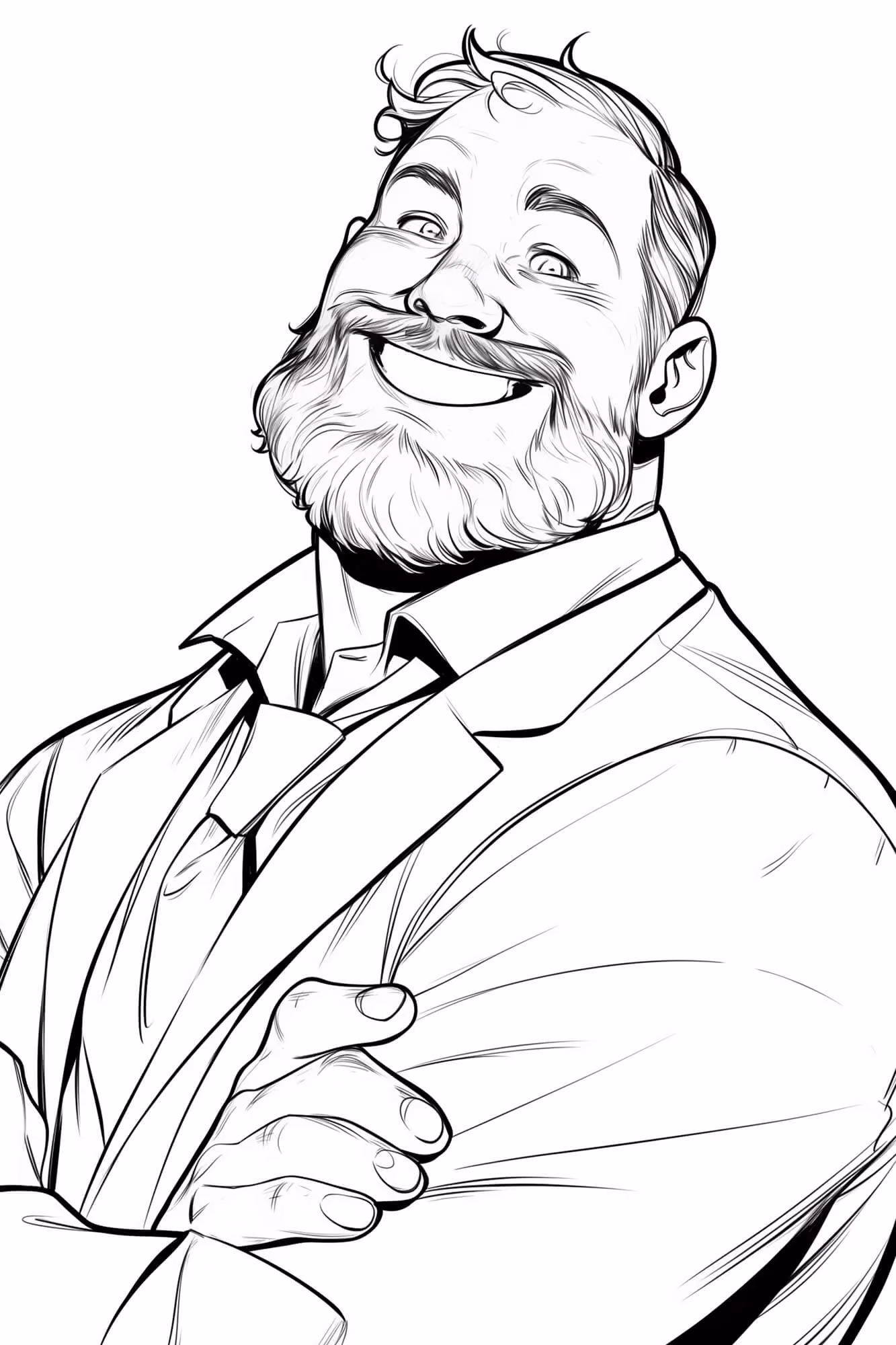 Black and white drawing of a bearded man in a suit smiling with folded arms.
