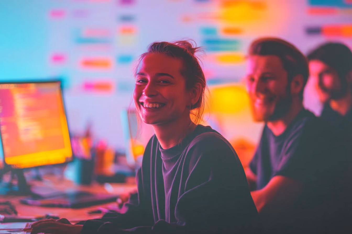 Smiling woman sitting at a desk with two people working beside her and a computer screen in the background.