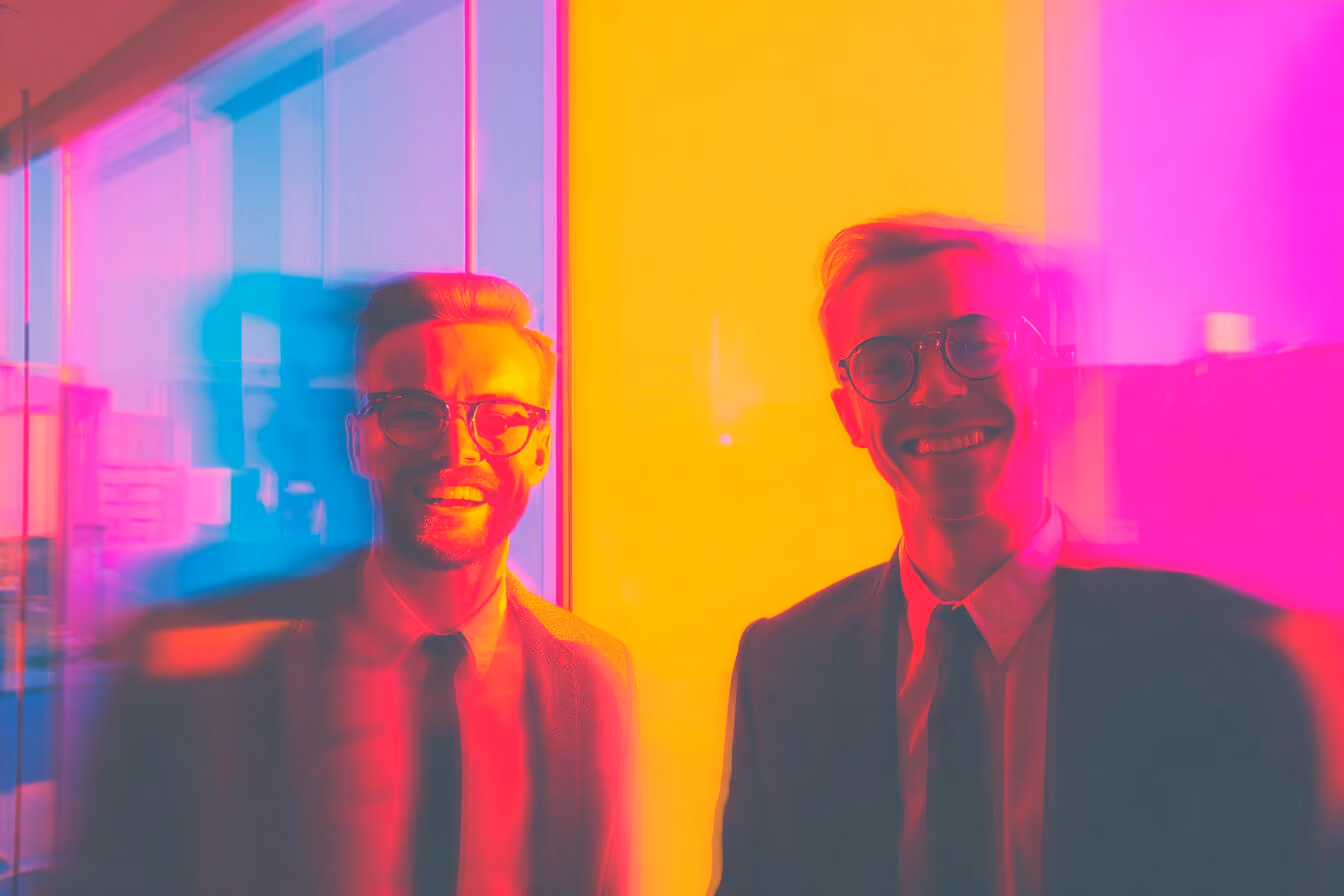 Two men in suits and glasses smiling with vibrant pink, yellow, and blue lighting effects.