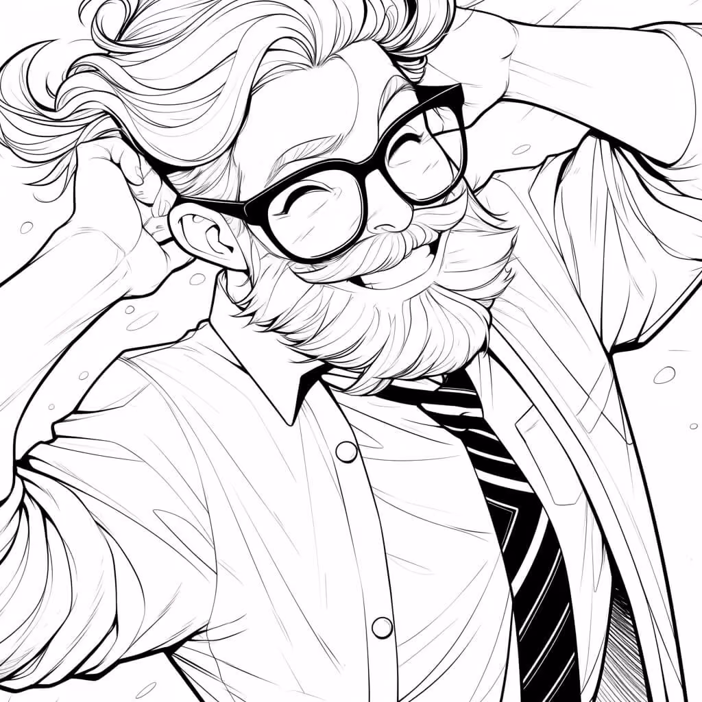Black and white drawing of a happy bearded man wearing glasses, a shirt, and a striped tie.