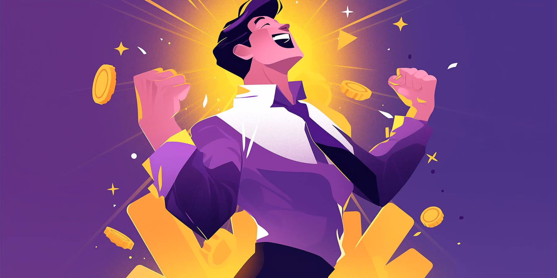 Illustration of a joyful man celebrating success with golden coins and bright light behind him.