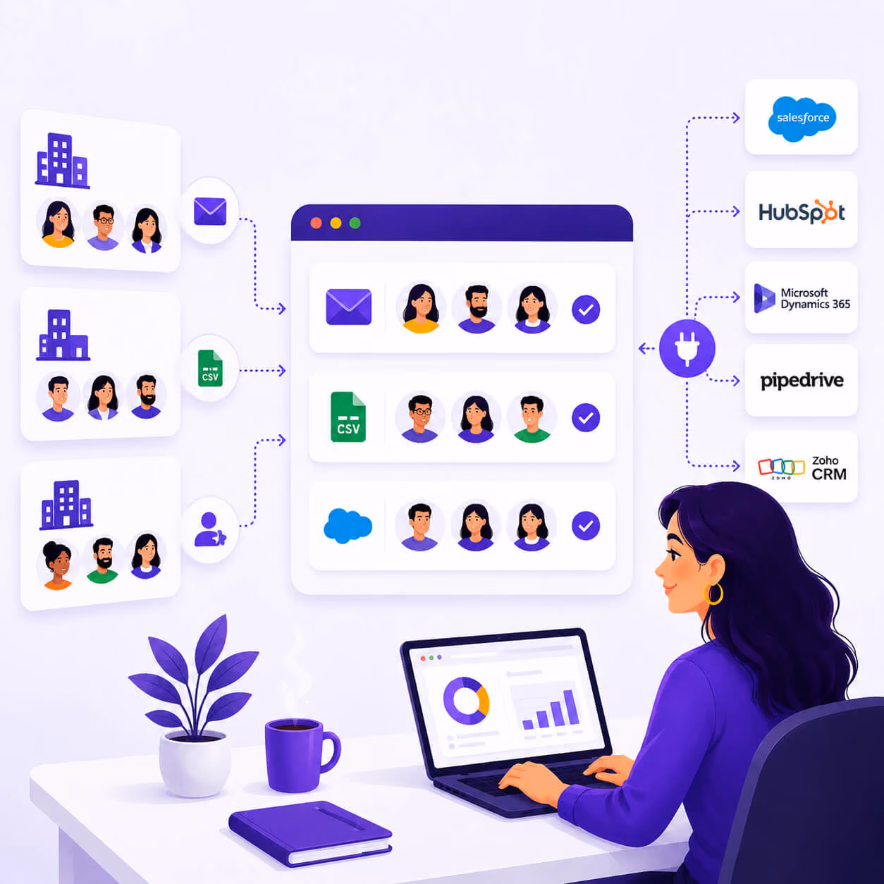 Woman at desk using laptop connecting partner data from email, CSV, and user icon to CRMs like Salesforce and HubSpot.