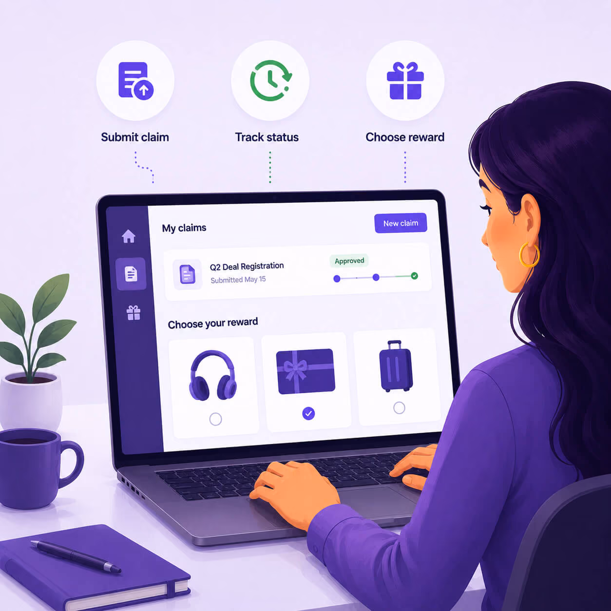 Woman using laptop showing a rewards program with claim submission, tracking, and reward selection steps.