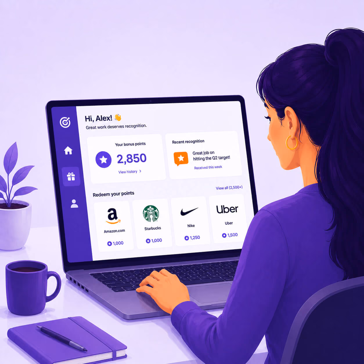 Woman using laptop showing a reward points dashboard with options to redeem points from Amazon, Starbucks, Nike, and Uber.