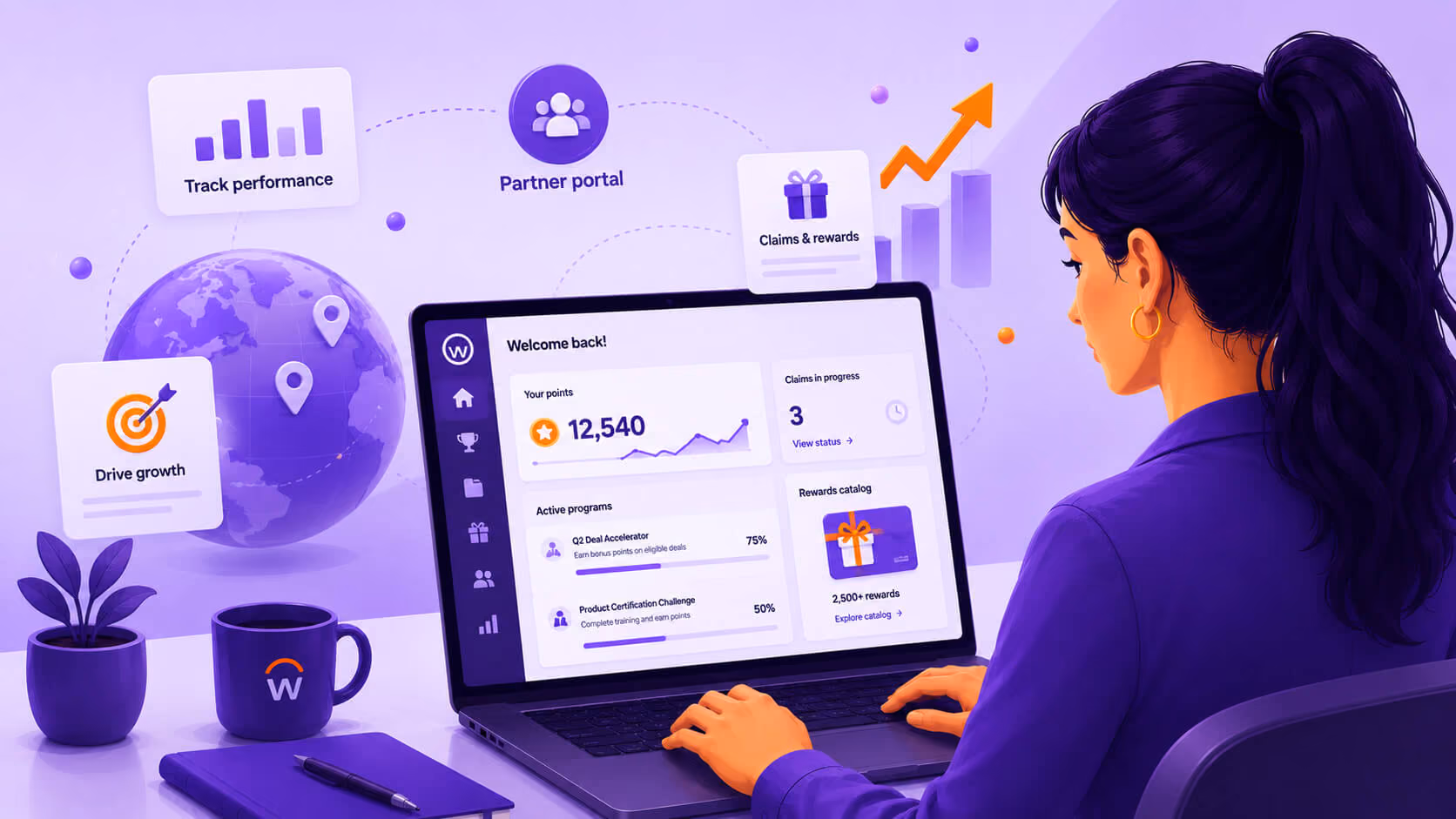 Person using laptop showing dashboard with points, programs, claims, and rewards in a business setting.