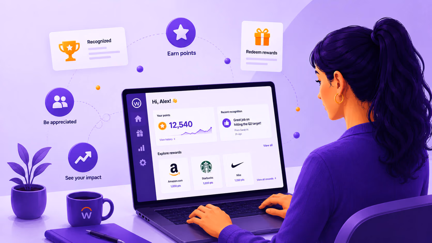 Woman at a laptop using an employee rewards platform showing points, recognition, and reward options.