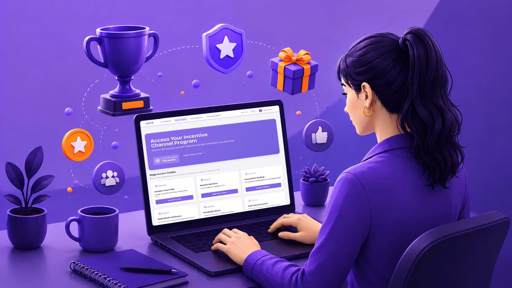 Woman using laptop showing an incentive program page with icons of trophy, gift, and thumbs-up.
